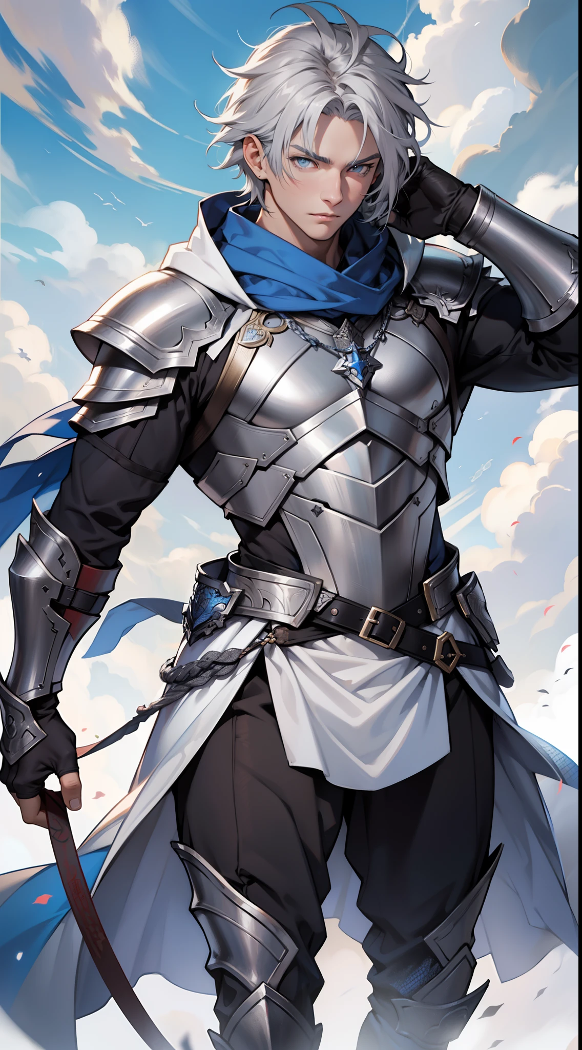 tmasterpiece,Need,超高分辨率,shoun,White armor,Cloak,musculature,(Short silver-gray hair),blue color eyes,Libido boy,scales,Clouds