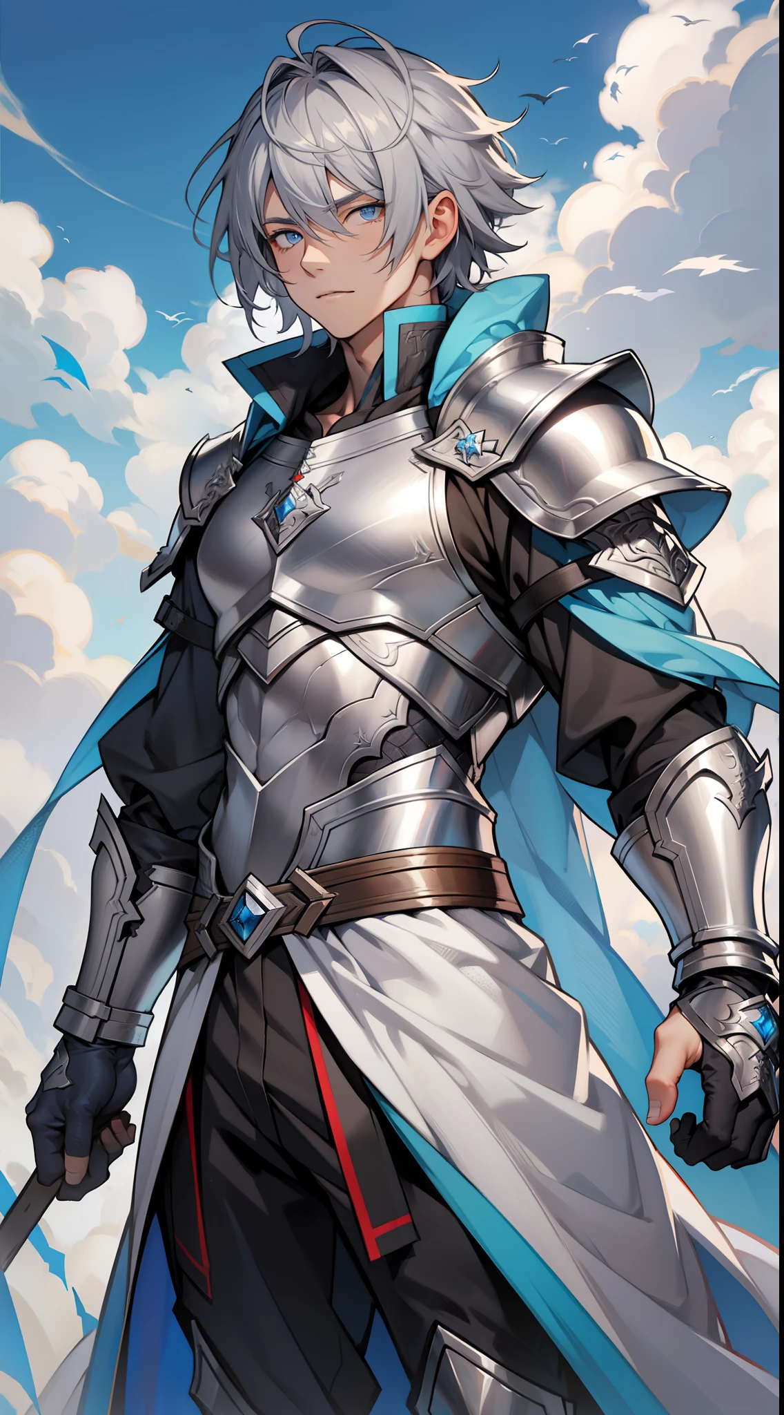 tmasterpiece，Need，超高分辨率，shoun，White armor，Cloak，musculature，(Short silver-gray hair)，blue color eyes，Libido boy,scales，Clouds