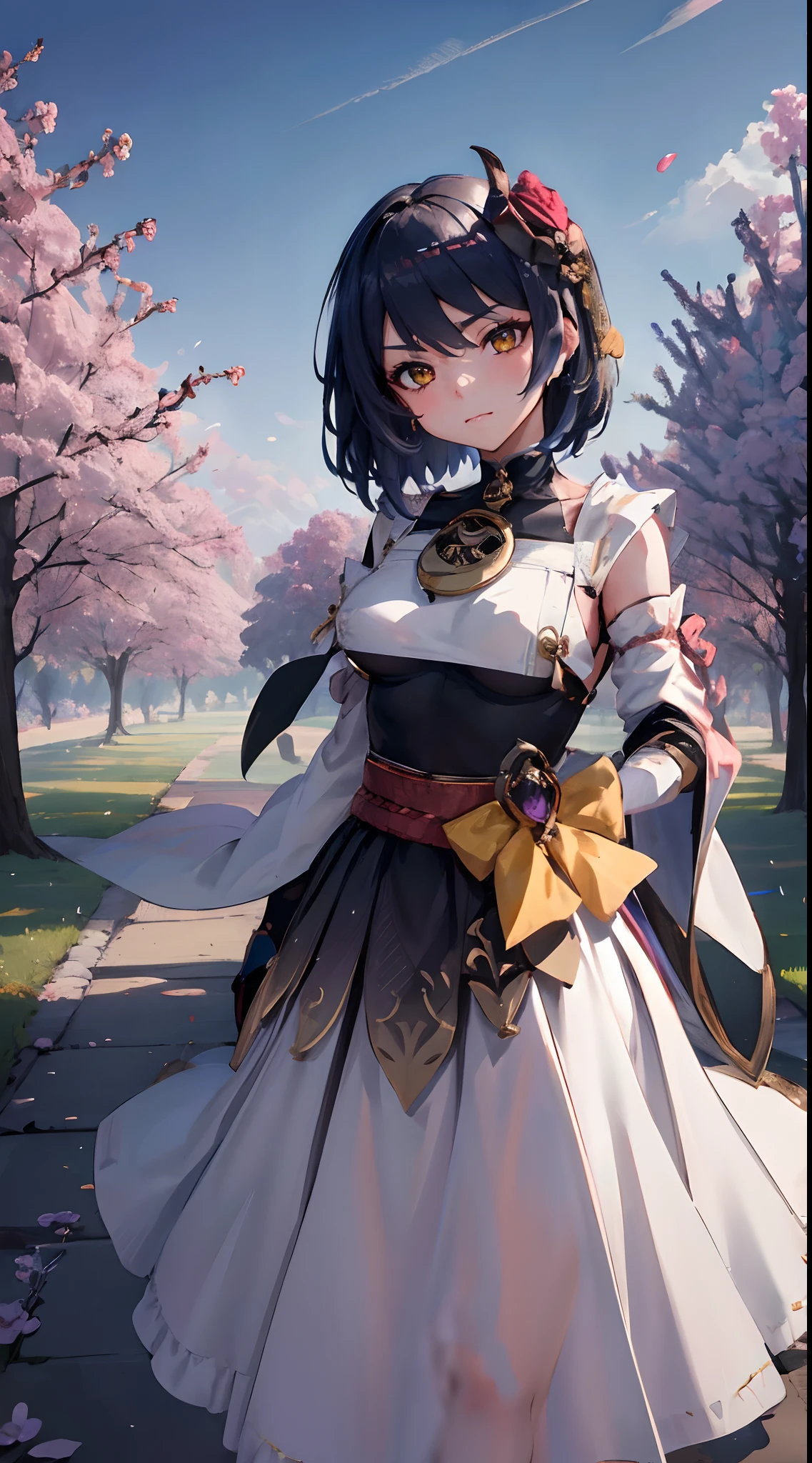 Kujou Sara| genshin impact, master-piece, bestquality, 1girls,25 years old, proportional body, proportional., Wedding Dresses, White Wedding Dress, Long skirt, Big skirt, mediuml breasts, ,bara, choker, Standing in the middle of a flower garden, outdoor, The sky is beautiful, arm behind back, View viewers from the front., Thigh strap, Head tilt, bored, HD, slight smile,