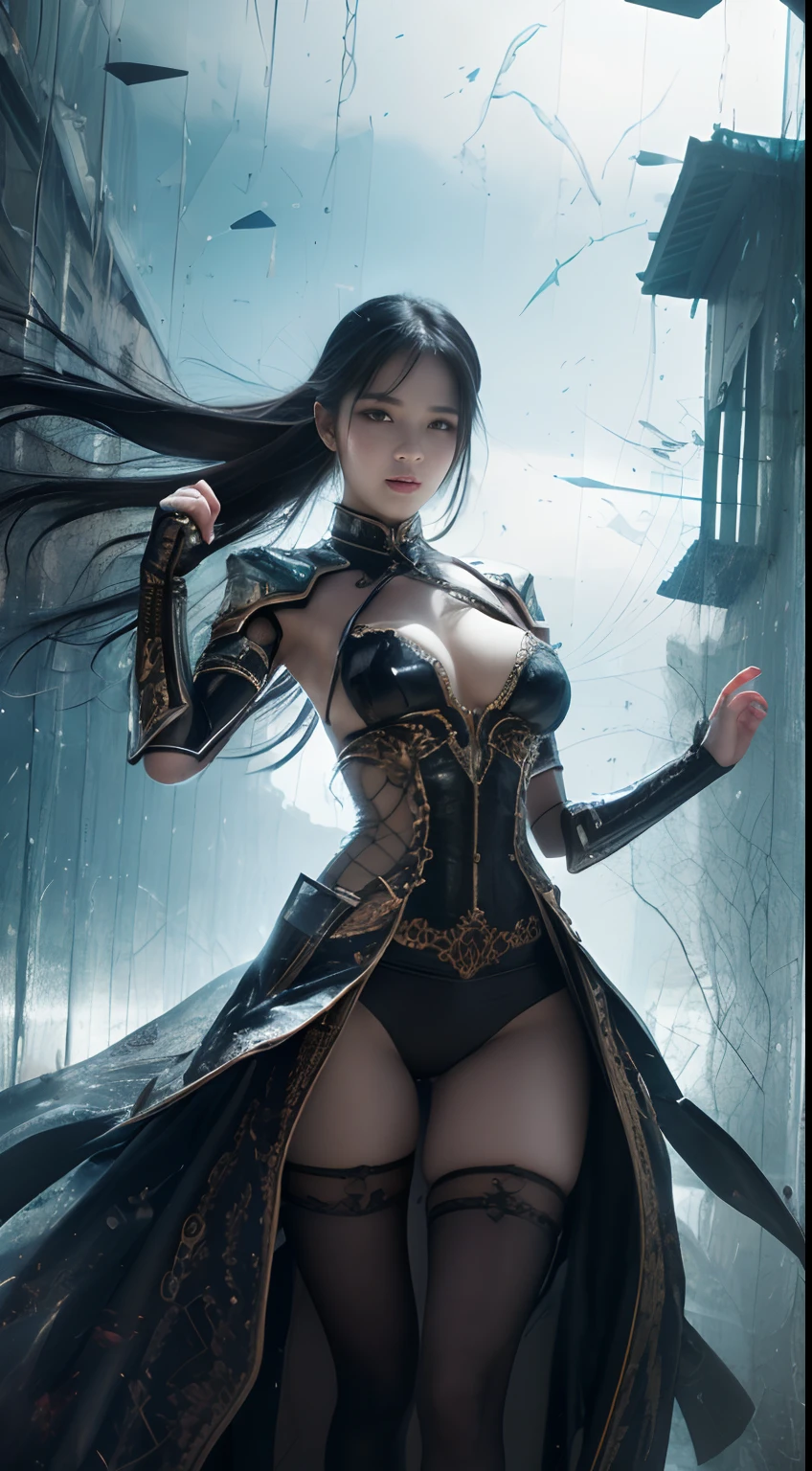 Realistic, 35mm, Intricate details, hdr, Intricate details, Highly detailed, Natural skin texture, Real, Sharp, 1 girl, Chinese, Blush, white clothes, Black eyes, Fine black hair, full body, detailed background, detailed face  , (1nf3rnalAI , hell theme: 1.1), strong expression, dynamic pose, glass robot, (made of glass: 1.1), translucent, glass structure, fighter, glass shield, dirty glass, machine, power, magic symbol, mysterious power  , floating particles, reflections, wind, storm background, film atmosphere,