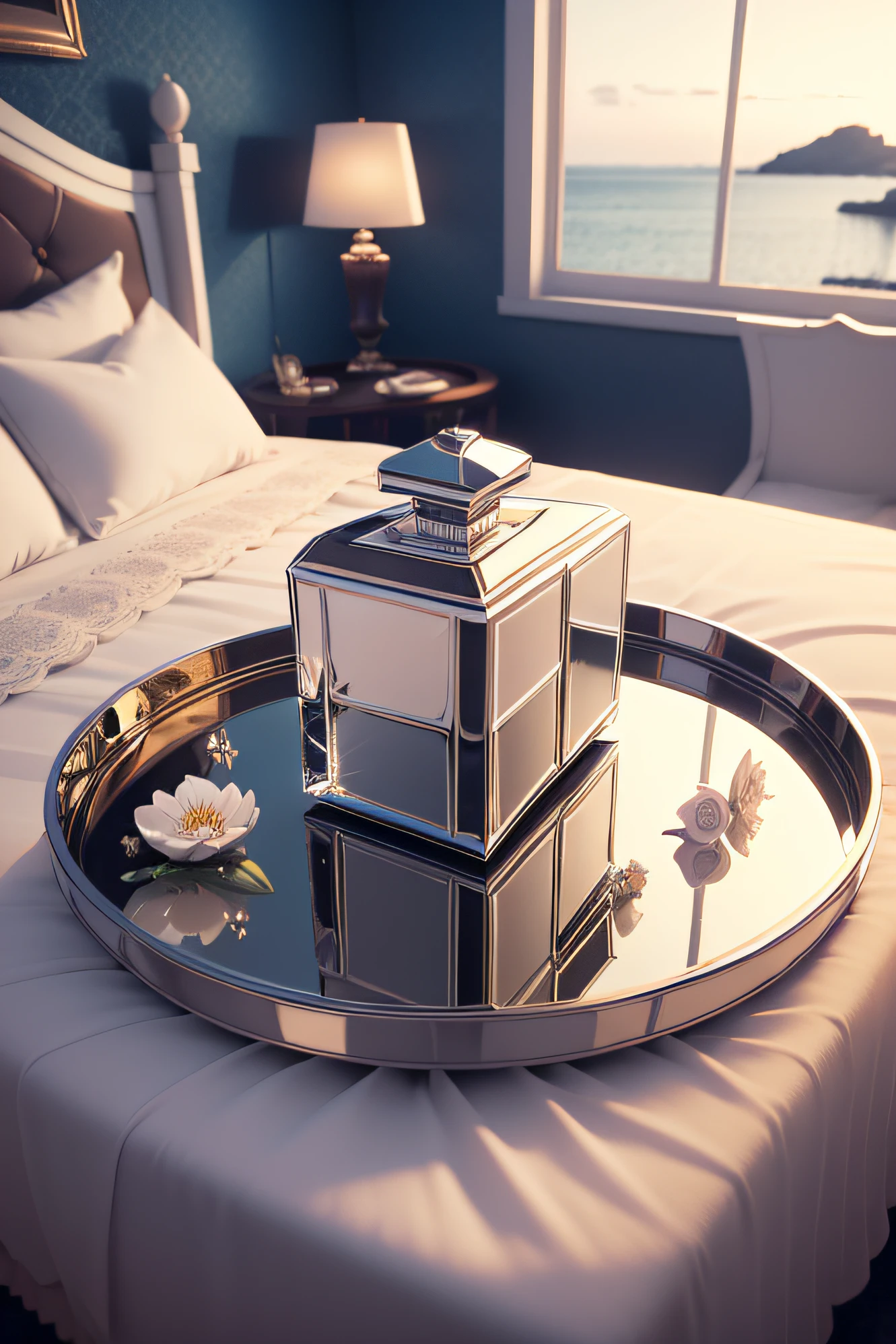 luxury perfume bottle in a mirrored tray on a white bed with a window, in the style of serene oceanic vistas, daz3d, zeiss ikon zm, delicate flowers, coastal and harbor views, combining natural and man-made elements, transavanguardia
