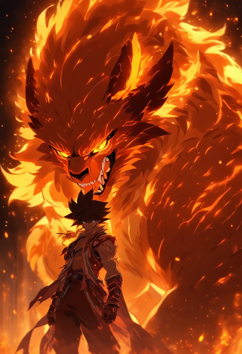 Nine-tailed demon fox Kurama in Naruto,Orange-red fur,red vertical pupils,black nose,black ears,black lips,Sharp minions,Robust limbs,Nine flying big tails