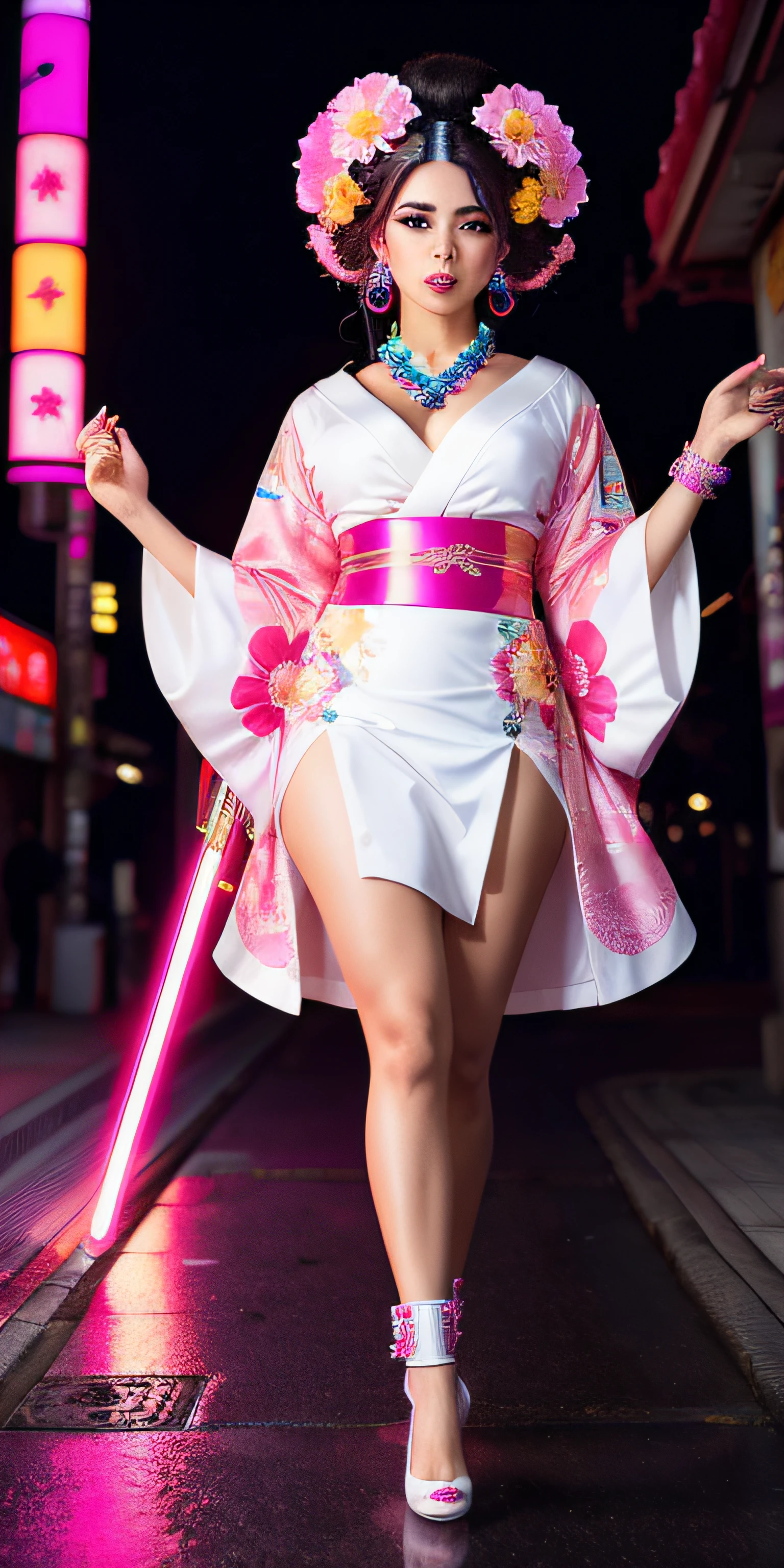 ((Hermosa joven Latina Afro)) dulce reina geisha cyberpunk con cabello suelto, hiperrealista, With pink and white kimono with neon flowers drawn, Holding a bright neon fan, Llevar anillos y pulseras enjoyadas, walking in cyberpunk Japan.