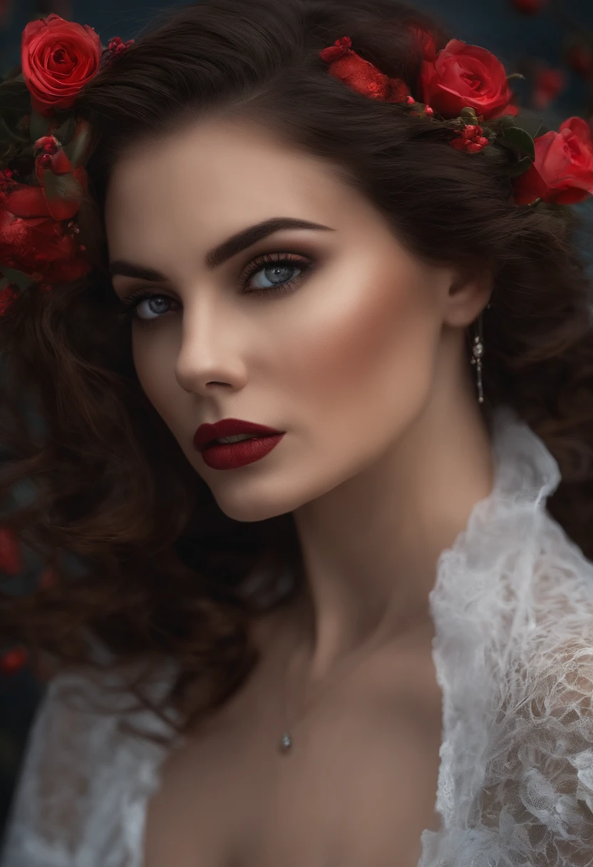 {{master part}},best quality,altamente detalhado,extremamente detalhado CG unidade 8k papel de parede,插圖, 1girl, olhos vermelhos, cabelos prateados ondulados, orelhas pontudas, Vampiro, vestir, colar, Flor do cabelo, neve, gelo, corpo inteiro, injection,Close alto, altamente detalhado,moldura central,foco nítido, Olhando para o Viewer, cabelos floting,