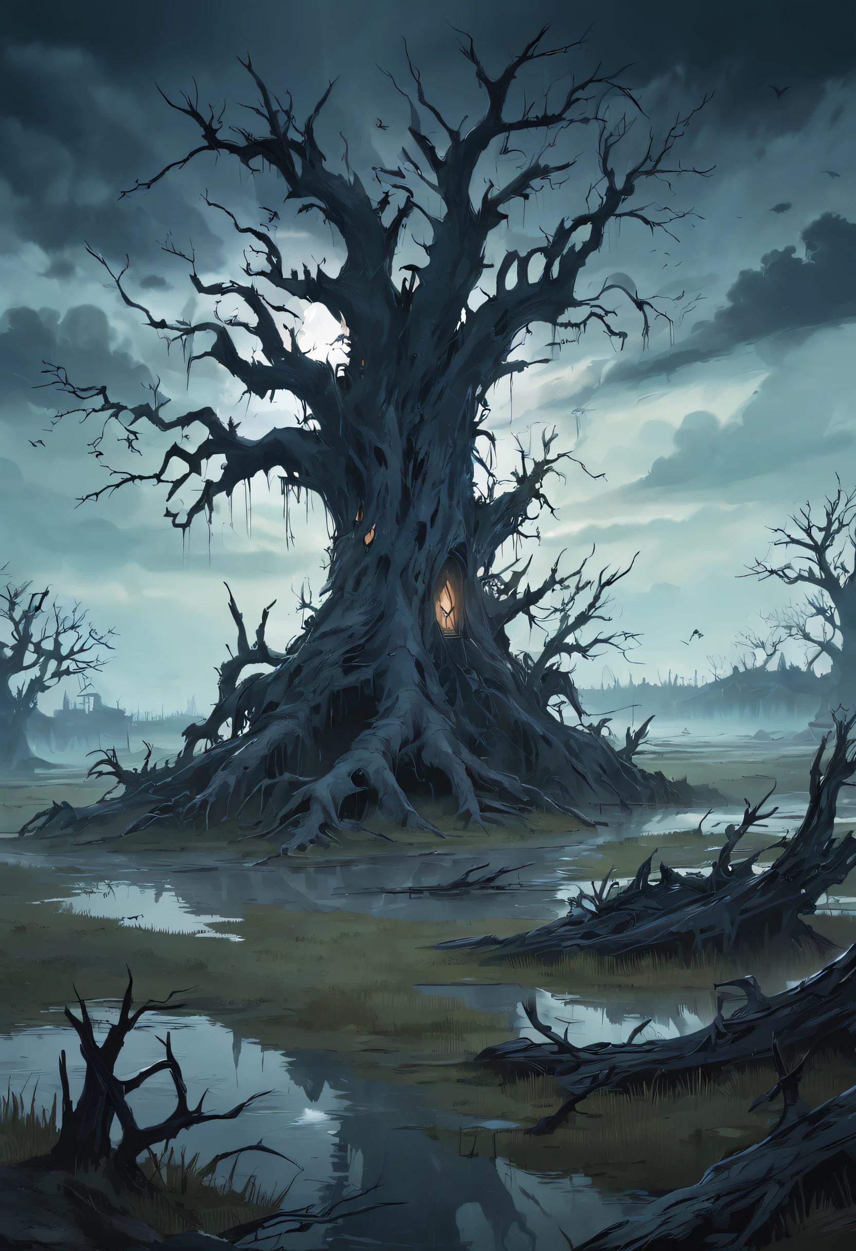 color photo of a dark and foreboding landscape, set in a medieval world of RPG adventures. The scene depicts a somber and desolate land, with twisted dead trees reaching towards a brooding sky. In the distance, a haunted house stands as a chilling reminder of the mysteries that lie within. The surrounding marshland is shrouded in mist, adding an eerie atmosphere to the scene. In the murky waters of the swamp, a lurking crocodile emerges, its eyes gleaming with a predatory gaze. The combination of the decaying trees, the haunted house, the swamp, and the presence of the crocodile creates an atmosphere of suspense and danger. It is a scene that immerses the viewer in a world of dark fantasy, where heroes must navigate treacherous landscapes and face formidable foes to unravel the secrets that haunt the land