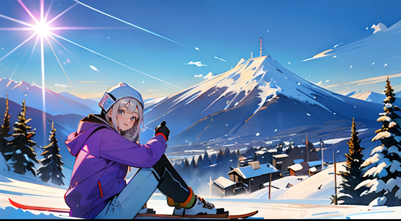((masterpiece:1.4、top-quality)) 、(18 year old woman sitting on ski resort、Hold your snowboard in cream colored ski wear and white gloves、The sun is shining、squinting、18 year old woman in cream ski wear、cute little、Smiling and looking at the camera、exhale white、Blue-purple hair、Straight hair and red eyes、) 、(Light shining on the face、) 、The background is Snow Mountain Ski Resort、Snowboards are placed on the slopes、Strong sunlight、