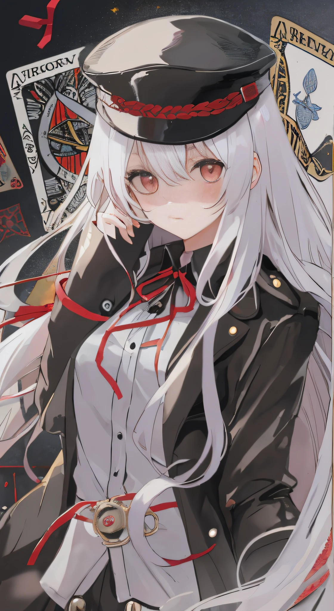 Anime shoujo，Canary anthropomorphism，tarot cards，Master masterpieces，a black trench coat，red color eyes，White color hair，long whitr hair，solo person