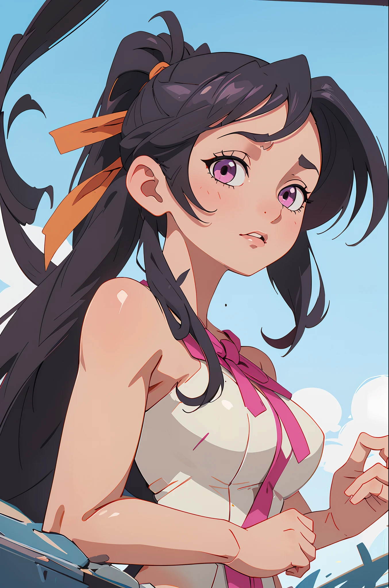 (masterpiece, best quality), 1girl, beautiful face, himejima_akeno, ponytail, long hair, ribbon, ((naked)), from below view, looking at viewer