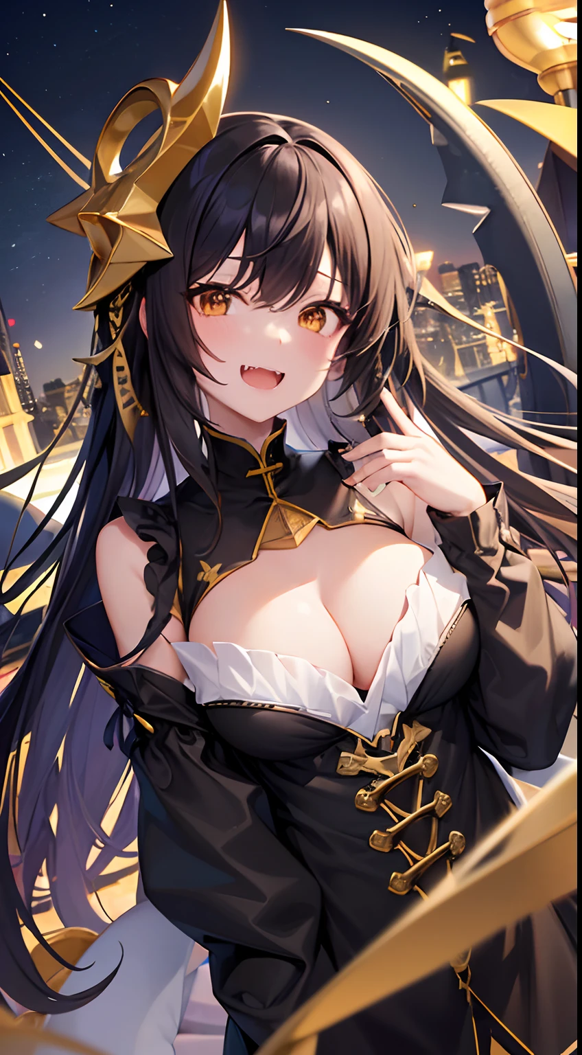 hight resolution、hightquality、ultra-detailliert、8k wallpaper、1人の女性、Beautiful fece、Wearing a shark costume、Teeth are shark fangs、Kamimei、Melancholy is in the air、Lovers feeling、Be loved、Familiarity、Lots of gold and black、Gold and black background