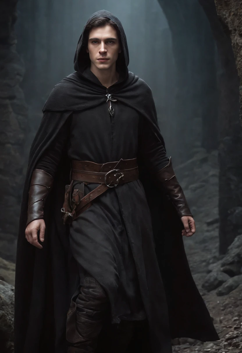 lone man half-elf warrior, pale, With gray eyes, with short dark hair, in a black cloak with a hood, in armor, In a dark cave, Wounded, scar on the neck, full-length portrait, D&D, fantasy, an intricate, Detailed, digitalpainting, artstation, ConceptArt, Smooth, Hard Focus, illustartion