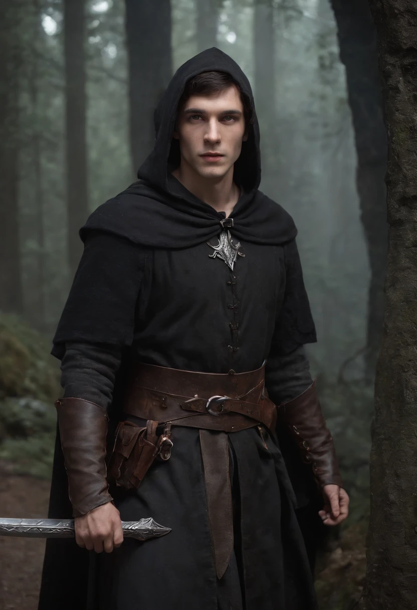 lone man half-elf warrior, pale, With gray eyes, with short dark hair, in a black cloak with a hood, in armor, In a dark cave, Wounded, scar on the neck, full-length portrait, D&D, fantasy, an intricate, Detailed, digitalpainting, artstation, ConceptArt, Smooth, Hard Focus, illustartion