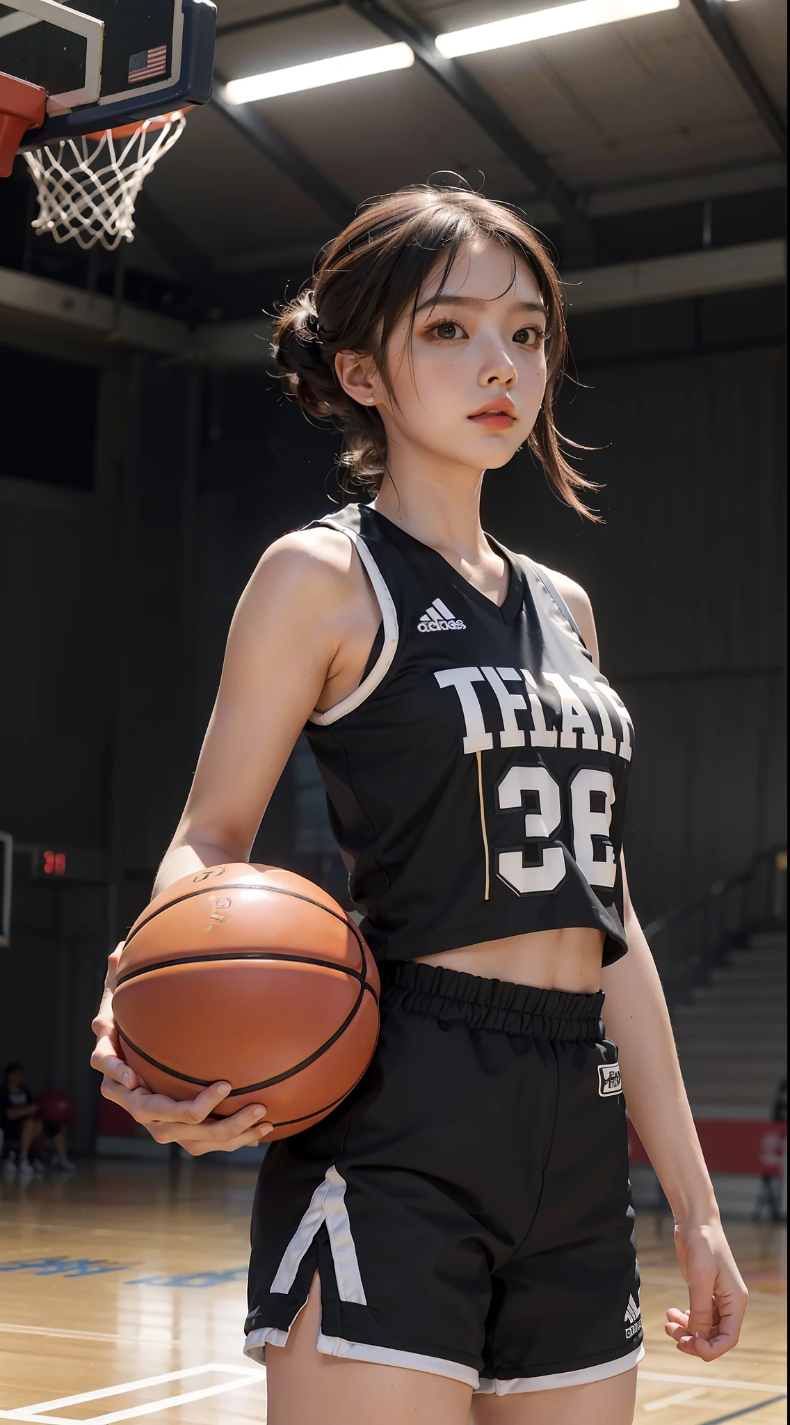 Best Quality, (Raw foto: 1.2), (Masterpiece: 1.4), (realisitic: 1.4), (high resolucion: 1.4), 1 Girl, Depth of field, Basketball vest, Basketball shorts, Basketball court, Sexy, intriciate detail, 8K, Very detailed, perfect light, Epic background, Hand detail