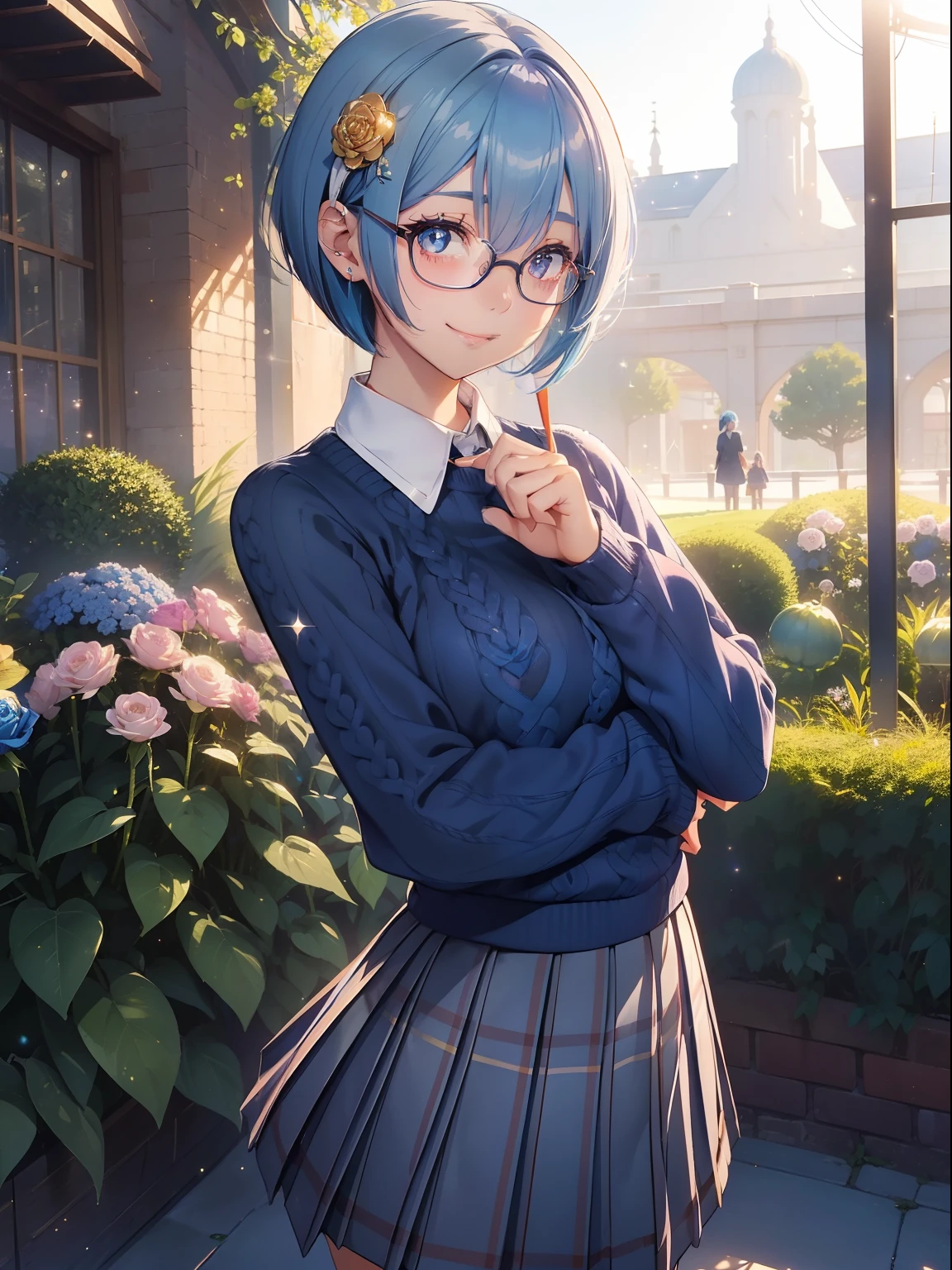 masutepiece, High resolution, 8K, anime woman, Delicate and detailed writing 、Detailed digital illustration、(((Pixie Bob)))、Shiny hair、a very beautiful woman、Eyes are double, Large,、 Bust is D cup、High image quality, High quality、Detailed background、The inside of the eye shines like a diamond、(((Blue hair)))、(((swept bangs)))、Gradient pupil、(((2 arms、4 fingers, 1 thumb)))、Detailed female face、a very beautiful woman、、细致背景、masterpiece、Soft Focus , Bright gradient watercolor , Lens Flare , (((Glitter))) , Glow , Dreamy ,Idol、Light blue ribbon、((Very beautiful light blue rose hair accessories))、White and light blue and golden costume、(((wears glasses)))、intelligent woman,、A smile、(((Cosmos Garden)))Eyes with blue gradient glow、Full smile、(School Uniforms:1.2), (Wearing a navy blue knitted sweater over a white shirt,,,,:1.3), (Plaid pleated skirt:1.3),