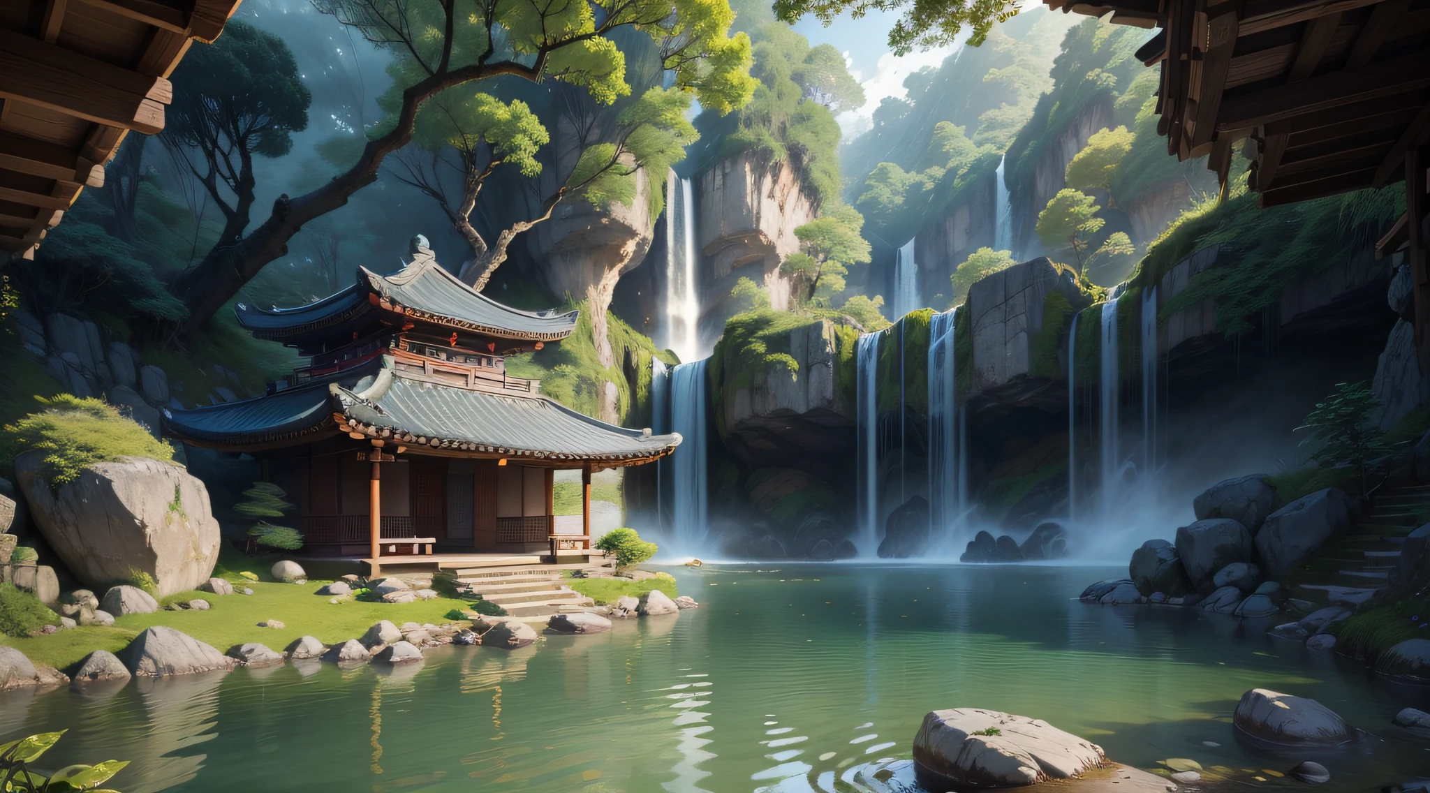 Korean Antiquity, Traditional Korean Houses, springtime, jungle, lake, cave, waterfall, wood, pasture, rock formations, deer, onsen, vapour, nighttime(Illustration: 1.0), Epic composition, photorealistic lighting, HD detail, Masterpiece, Best Quality, (Highly Detailed CG Unified 8k Wallpaper)