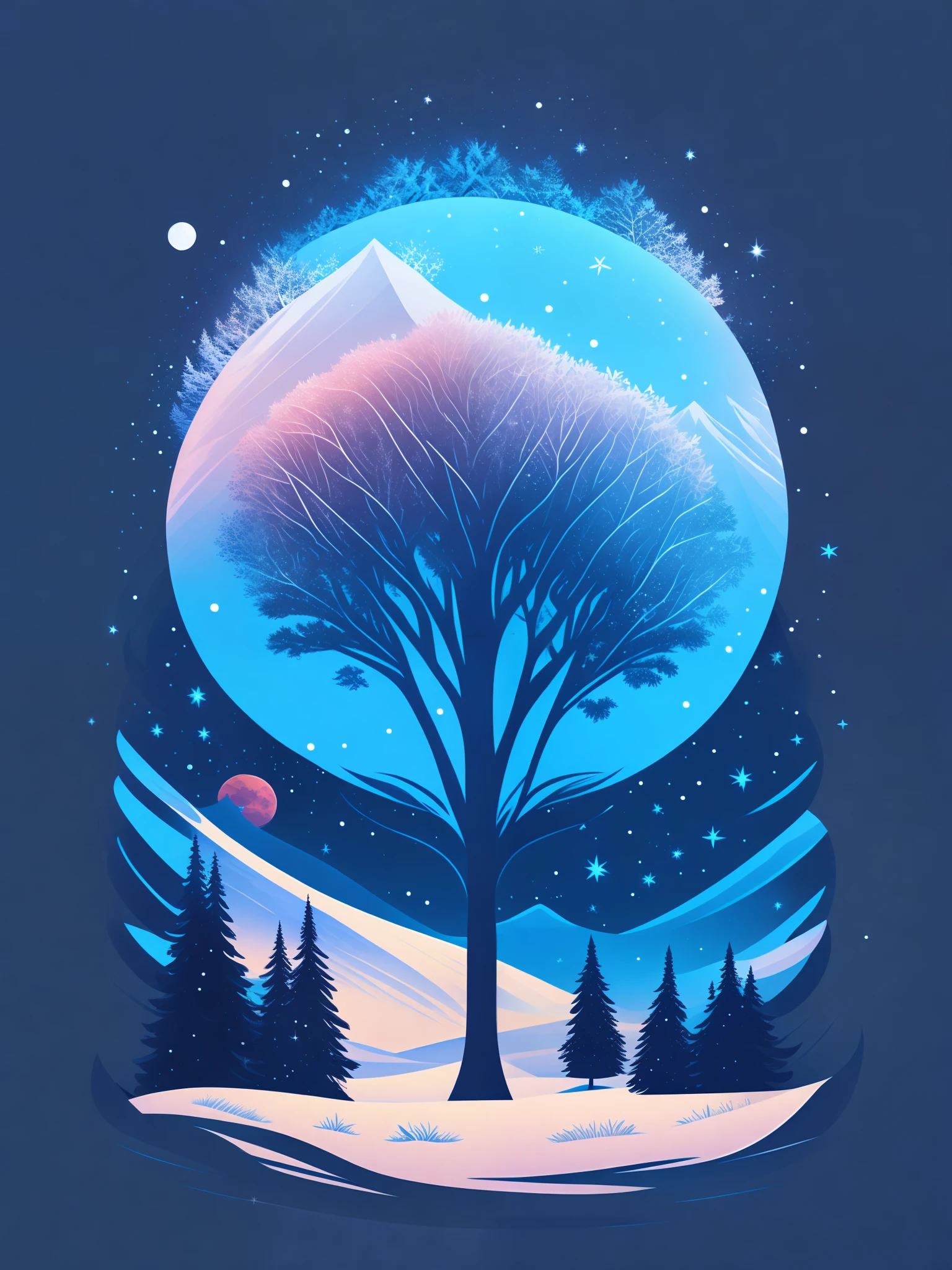 a spruice tree in a winter landscape, tshirt design, rzminjourney, vector-art