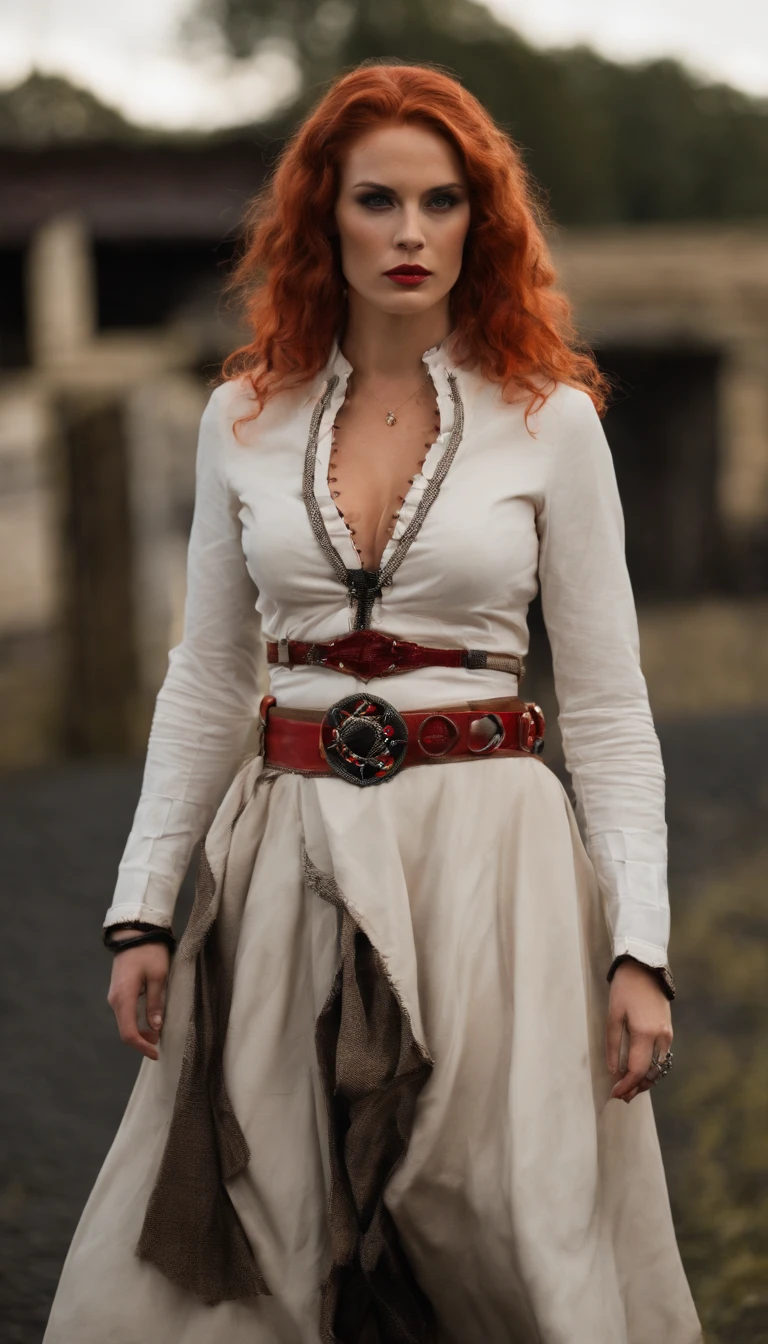 high quality, 18 years old girl, bright crimson red hair- pulled up into twin ponytails tied with a pair of blue hair bands on either side. Her long red bangs come down in the front, partly obscuring her dark eyebrows, has pale eyes with dark eyeliner and a fair complexion. wears a choker around her neck, with a heart-shaped locket hanging from it. She wears a white dress shirt: The hem of the shirt is rolled up and the front is tied into a knot exposing her cleavage. The sleeves are rolled up past her elbows and fingerless gloves (with metal-studded wristbands in black with a larger red wriststrap-style wristband on her left arm and a black square-studded wristband on her right arm). She wears a pleated light brown/orange tartan skirt, with intersecting grids of white, black and red lines running along it. She wears Light Pink Panties underneath. She wears large red leather belt around her waist, with metal studs and grommets. The ensemble is rounded out with a pair of knee-high stiletto-heeled boots