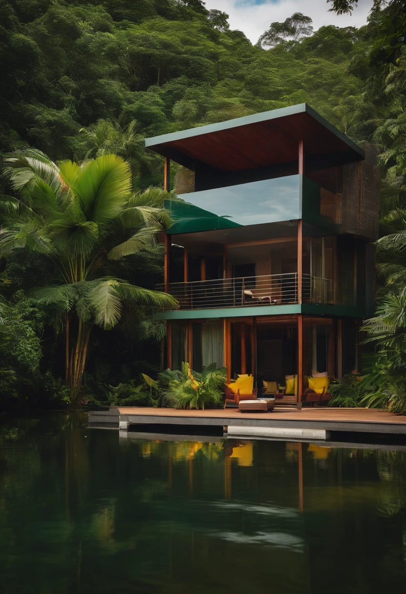 Single-family duplex house next to water bodies and forests in tropical climates