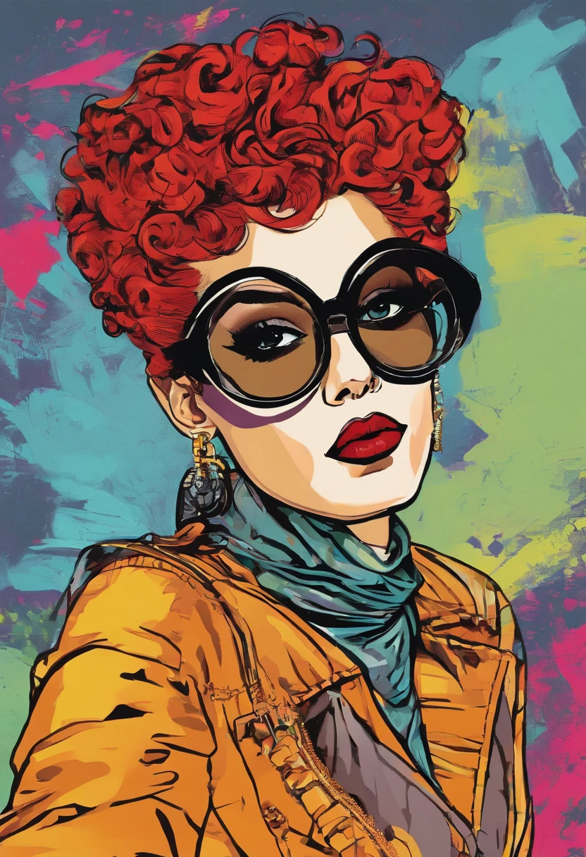 a painting of a trans women with a brown very curly Mohawk hairstyle. She is wearing big circular glasses and goth eyeliner. She is also wearing a black turtleneck dress with red suspenders. Her dress has no sleeves and she is wearing black lipstick