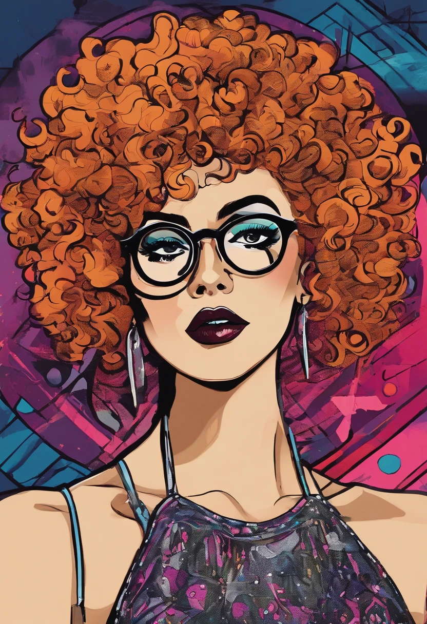 a painting of a trans women with a brown very curly Mohawk hairstyle. She is wearing big circular glasses and goth eyeliner. She is also wearing a black turtleneck dress with red suspenders. Her dress has no sleeves and she is wearing black lipstick