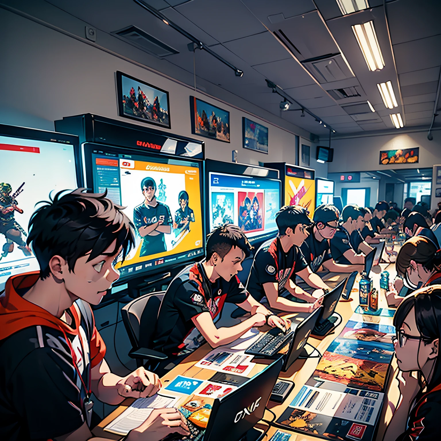 masutepiece, Official art, 8K, ighly detailed, Best Quality, People gathered around computer screen々Group of, All of them are energetic and enthusiastic, Some standing, Other people sitting in a chair, Everyone is staring at the screen, A loud cheer erupts from within their midst, Their faces lit up with excitement and triumph, Current game competitions, All players were hooked on the game, Their fingers move fast on the keyboard and mouse, The room was full of clicking sounds, Posters of famous gamers and game characters on the wall, Energy drink cans and snack wrappers scattered on the floor, Trophies and prizes at nearby tables, We are waiting for the winning team to claim