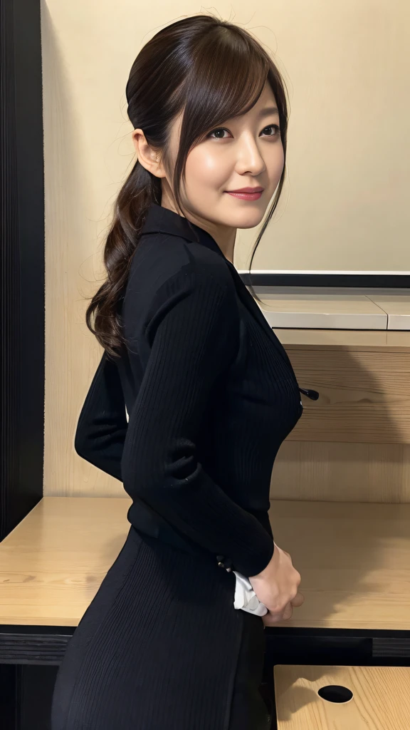 (Best quality, 8k, 32k, Masterpiece, UHD:1.2), from behind, 1 walking girl, beautiy Japanese office lady, (smile:0.5), (looking at the the viewer), 30 years old, bit chubby, black suit, black skirt, office room, desk, (small breasts, buttocks:1.2), detailed beautiful face, wavy pony-tail hair, from below,