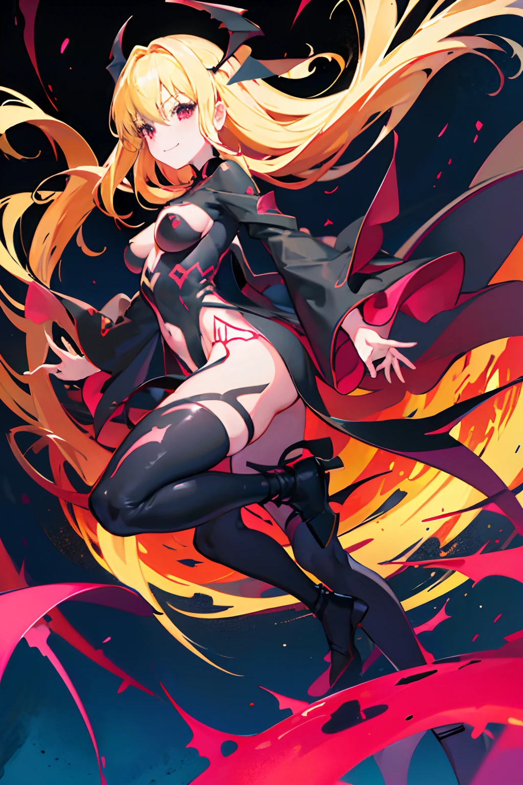 Carefully draw the face　5 year old girl　High-quality faces in anime style　a blond　Shiny black full body suit　Red lines all over the body　seductiv　a smile　Morrigan Aensland　Rear view