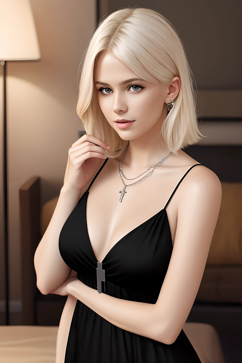 1girl in, age19, Solo, Aesthetic artwork, platinum blonde hair, straight blond hair, full c cup breasts, slender body, Full body, (extremely detailed 8k wallpaper), soft lighting, high quality, film grain, Fujifilm XT3 sharp focus, f 5.6, 50mm, High Detail, Sharp focus,(natural light), (seductive), cocktail dress, black, necklace with a simple silver cross, Realistic, A sexy