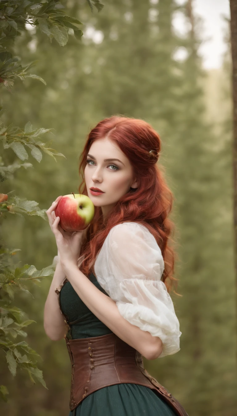(steampunk art), Apple orchard, A large red apple in a coniferous forest, bokeh, glare, radiance, Fantasy, fairycore, High Resolution, image, Sexy girl with green eyes and red hair, bar, (sexypose), (wet clothing)
