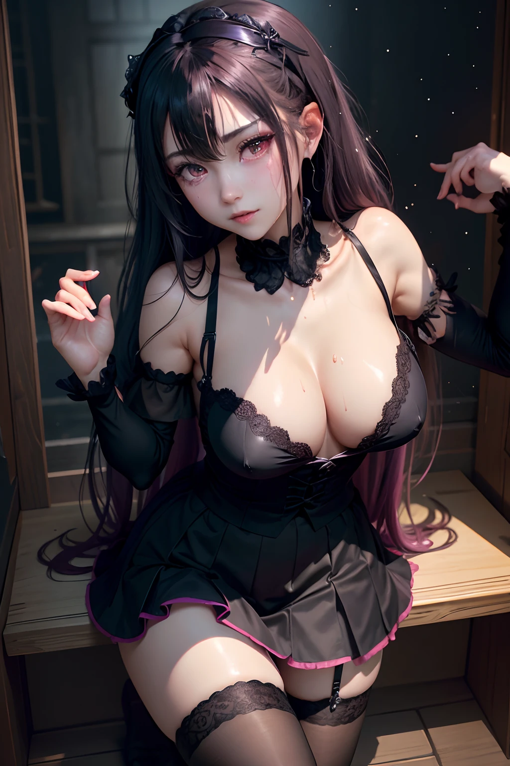 A sexy、A slight smil、garterbelts、knee high socks、panthyhose、Beautifying the world、Unhappy、Lament my night's fantasy、Transcendent beauty、Beautiful shape、wretched、ghosts、wraiths、Evil Spirit、Beautiful、boredom、Unusual beauty、Bewitching、Fornication、Hard Dark Gothic Makeup、Maniacal、Deep night sky、horor、twin-tail hair、Black Dark Eyeshadow、slaves、crying how bright、mourn、Sad songs、Good skin luster、Lace pink、Long hair straight hair、Dark Gothic Makeup、Dark smile、Restless Palace、Expressions of sexual arousal、Fragrant beauty、age19、carriage、Lying、seductiv、Strong sexual pleasure facial expressions、A look of shame、open one's legs、Dark Gothic、Gothic Long Dress、Gothic ta、bright pink hair、masturbation、bell sleeves、Wizard Sleeve、Obscene look、Stained glass background、masutepiece、Best Quality、Ultra-detailed、Refers to 5 books、Sweat glitters on my chest、Glitter of sweat on your face、Glistening with huge amounts of sweat on my thighs、Expression of sexual pleasure in anguish、I'm sweating a lot、Drunken face、maid clothes、Nasty Woman、Mysterious、noble、Face holding back the toilet、Goth lolithes、Black pretend skirt、from below looking up、to stand、The body is wet and shiny、Has a transcendent sex appeal、Sexy poses、Nasty poses、The gesture of the body burning、