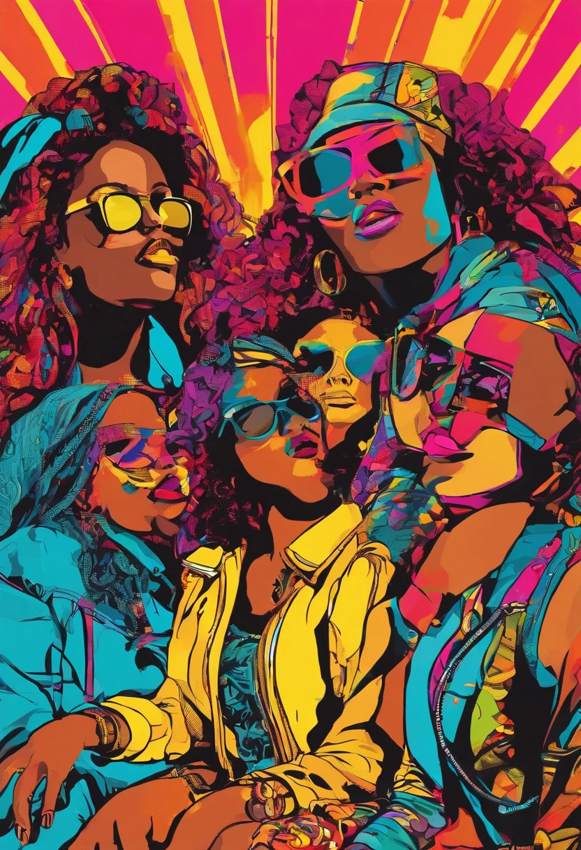 uma pintura de tres cantores de rap sendo que um desse cantores e uma mulher