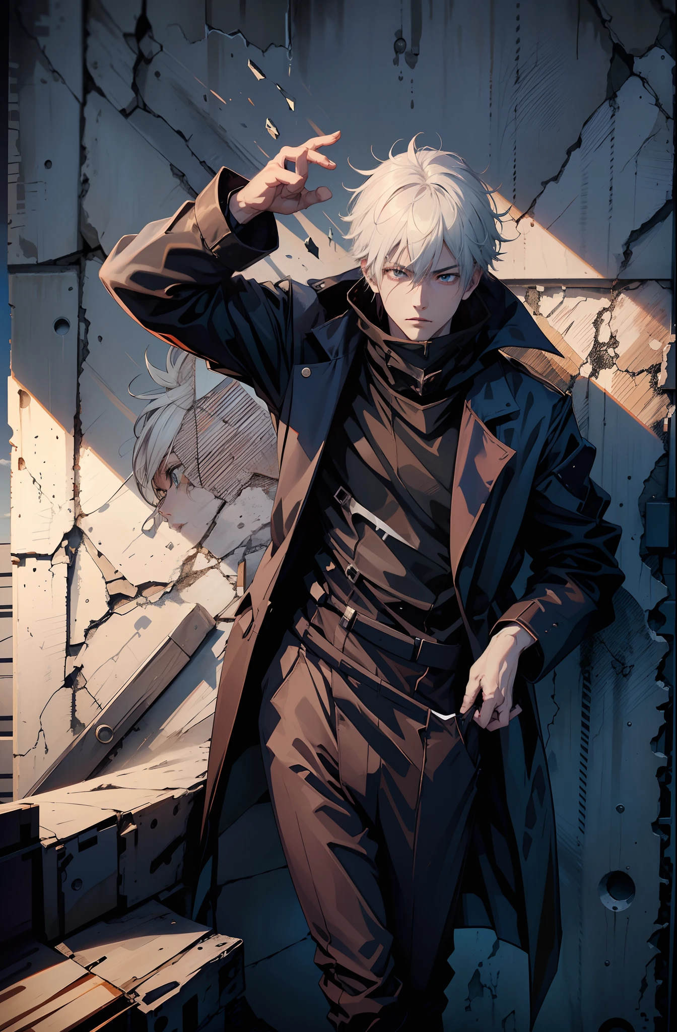 (absurdos, Altas Resoluciones, Ultra detallado, HDR), Obra maestra, nsfw, La mejor calidad, jujutsu kaisen, gojo satoru, 1hombre solamente en combate, guapo, pelo corto, cabello blanco, Ojos azules vibrantes, ojos finos y cara detalladas, (((Fuego, llamas, a su espalda)) Armadura, ((Arma intrincada)). Final Fantasy, abs, badass pose, Chico de anime con las manos agarrando su espada, pose de anime combatiendo, Anime hombre guapo, Personaje masculino de anime, Badass Anime 8K, Arte detallado del personaje de anime, Concepto de anime HDR Anime MacManus, Chico anime, Ikuto Yamashita, Anime CG arte suave, Fondo de pantalla de manga 4 k, inspirado por Yamagata Hiro, Wallaper de anime
