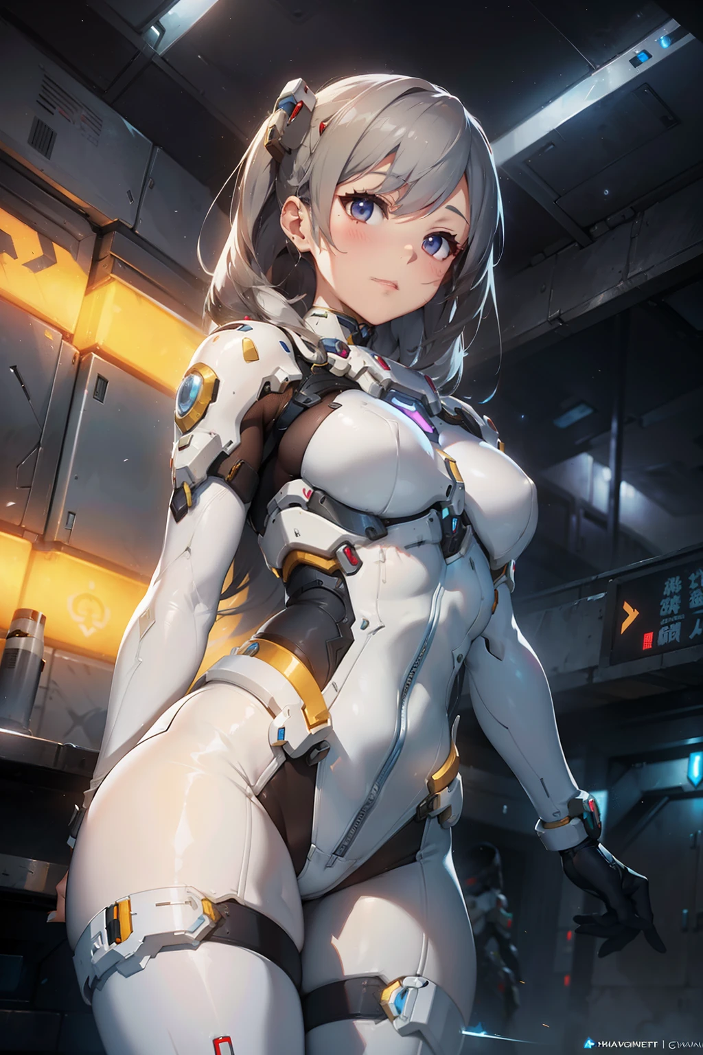 A porcelain girl in white suit mecha futuristic orned armor elegant (((in Overwatch aesthetic style::1))) by Raymond Swanland