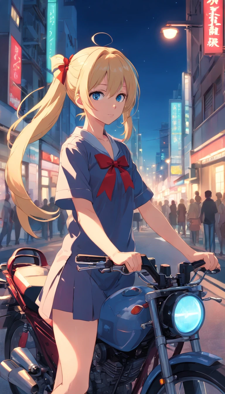 Full portrait, very slender. Long, blonde hair. She has blue eyes. pigtails tied with a red ribbon, nighttime city streets. seductive sexy poses. on motocycle, under street lights