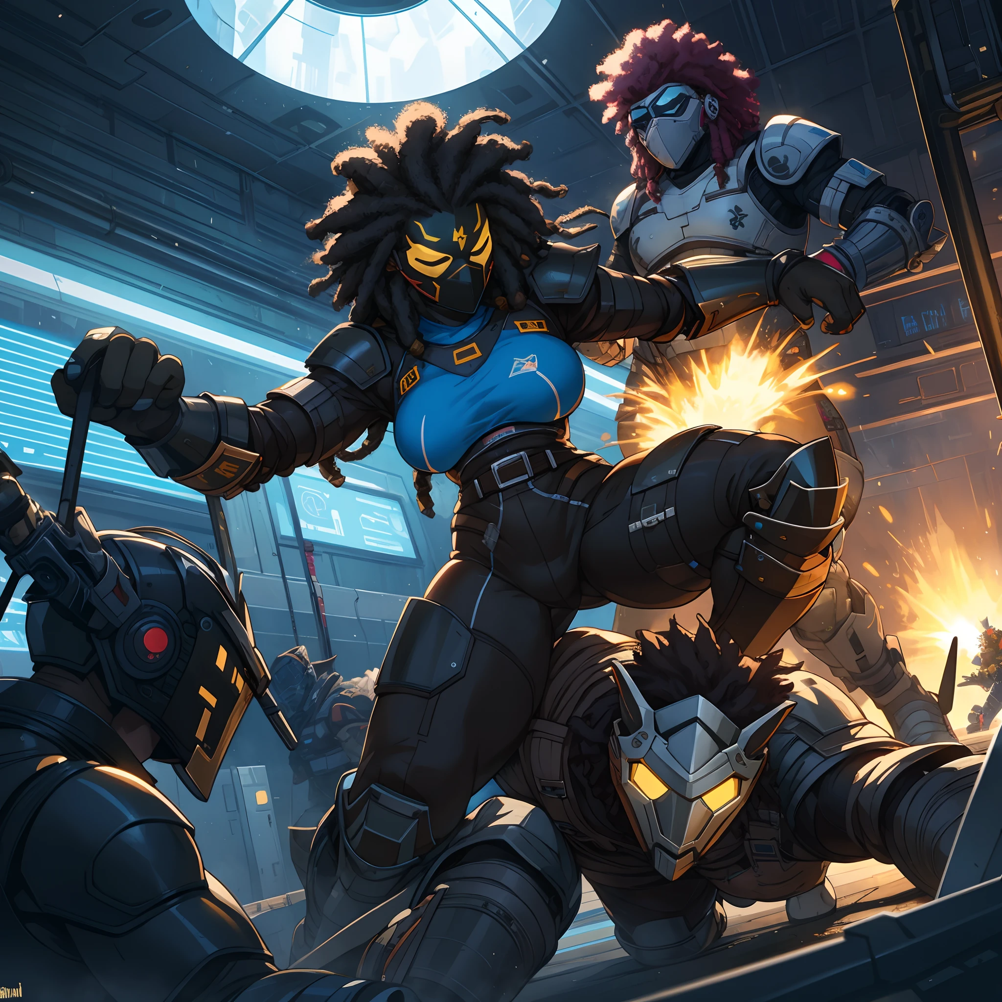 dark skin middle aged small waist, thick thighs, small boobs, Jamaican , tired and moody, on drugs, mask, messy black dreads, tattoos, getting beat, sci-fi armor, lightskin Jamaican black guy with Afro, with sci-fi suit, in combat, fighting off mutant, raiding a sci-fi facility