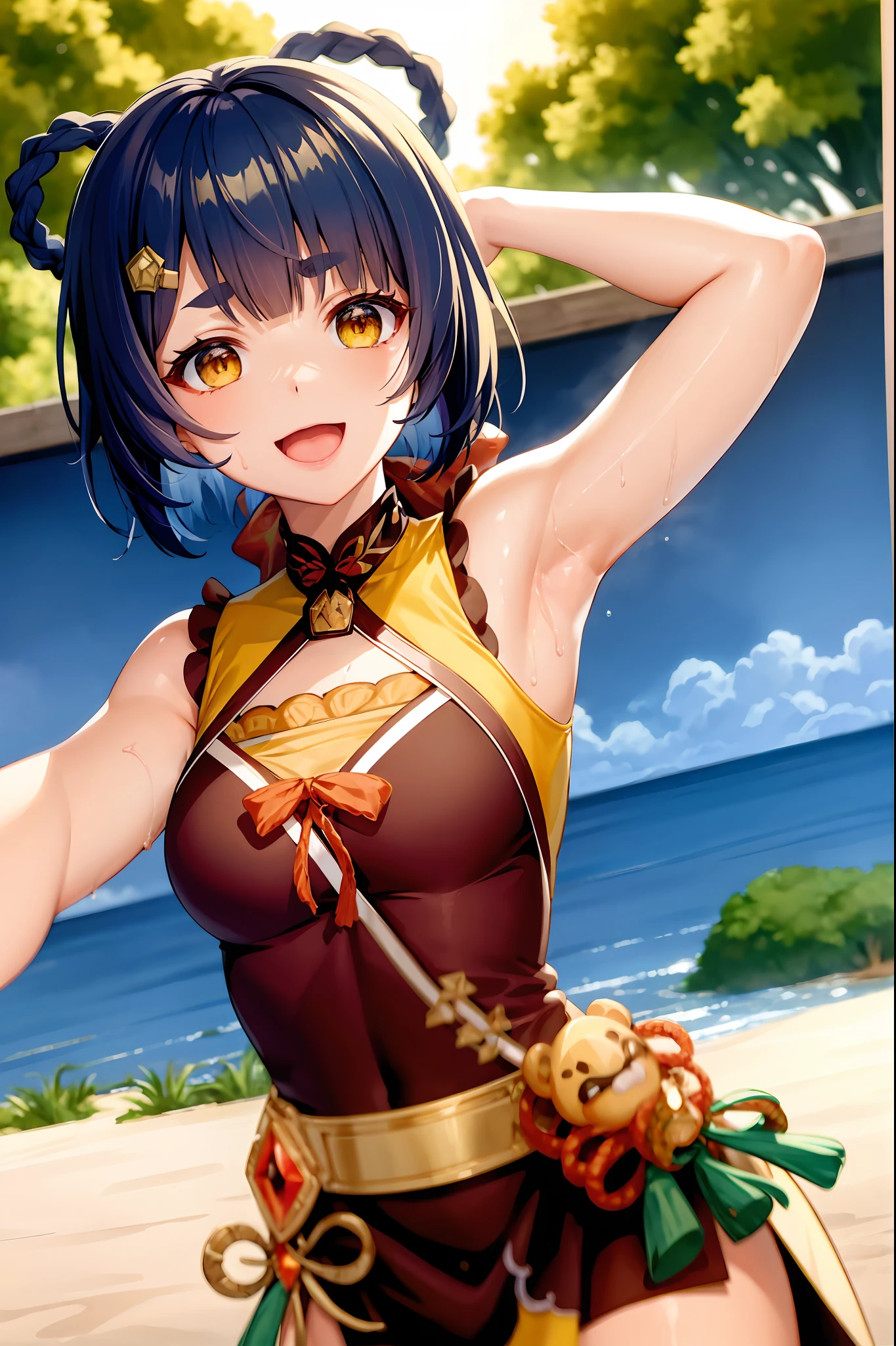 masterpiece, best quality, 1girl, xiangling (genshin impact),, smile, hair ornament, v, looking at viewer, yellow eyes, short hair, :d, bangs, hairclip, ,, thick eyebrows, ,  blue hair, sunset, , arm up, blunt bangs, upper body, solo, , sun, reaching towards viewer, xd, , outdoors, braid,  depth of field, armpits, sweat, sweaty armpits