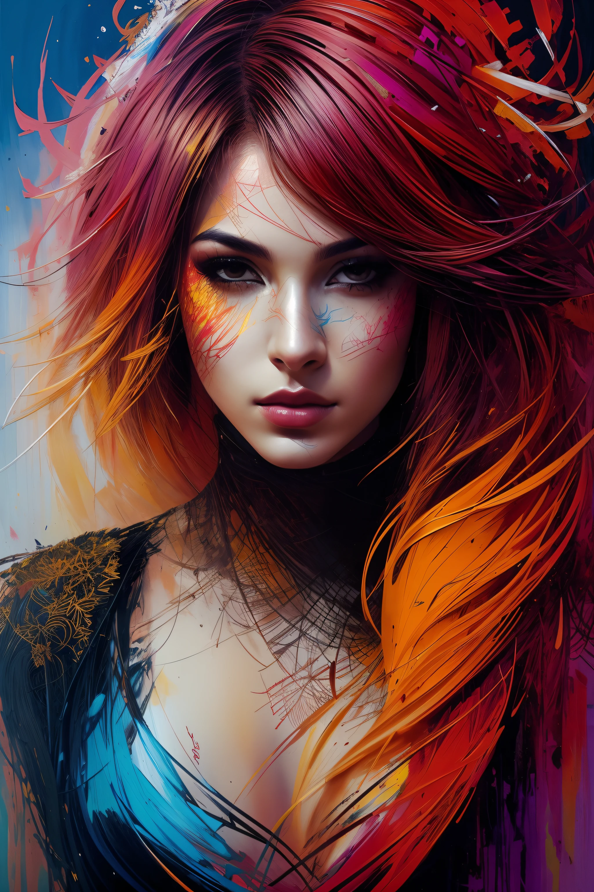 Rosto da deusa do fogo eterno, phoenix, beleza abstrata, Centrado, looking-into-camera, Approaching perfection, Dynamic, fora, altamente detalhado, Pintura digital, art-station, arte conceitual, Foco suave, ju, illustration, arte de Carne Griffiths e Wadim Kashin