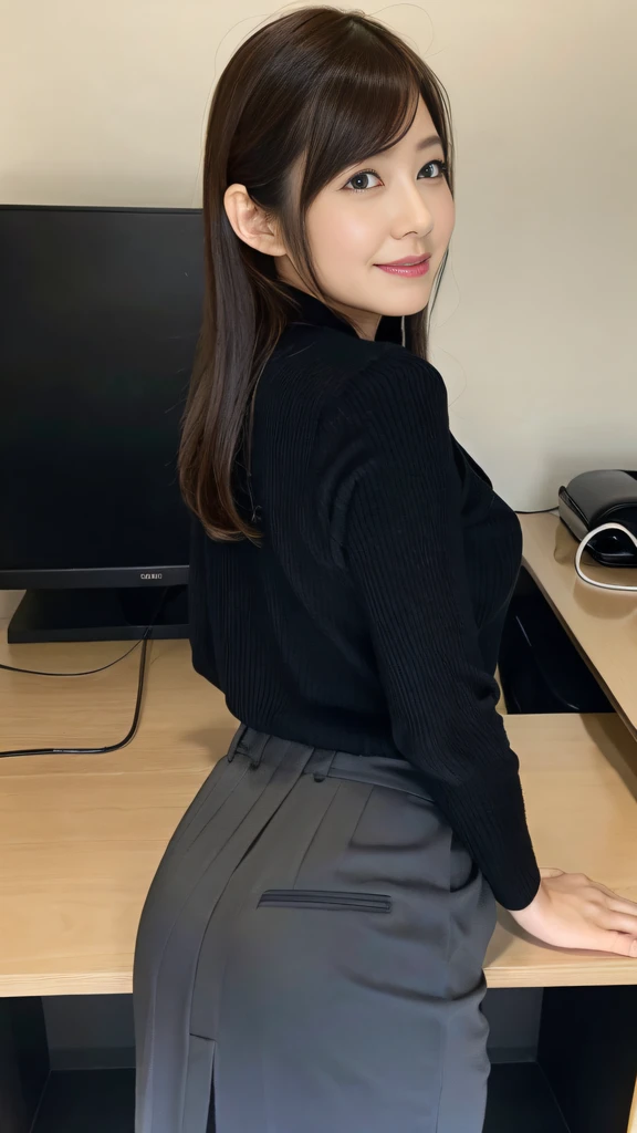 (Best quality, 8k, 32k, Masterpiece, UHD:1.2), middle shot, from behind, 1 walking girl, beautiy Japanese office lady, (smile:0.5), (looking at the the viewer), 30 years old, bit chubby, black suit, black skirt, office room, desk, (small breasts, buttocks:1.2), detailed beautiful face, wavy pony-tail hair, from below,
