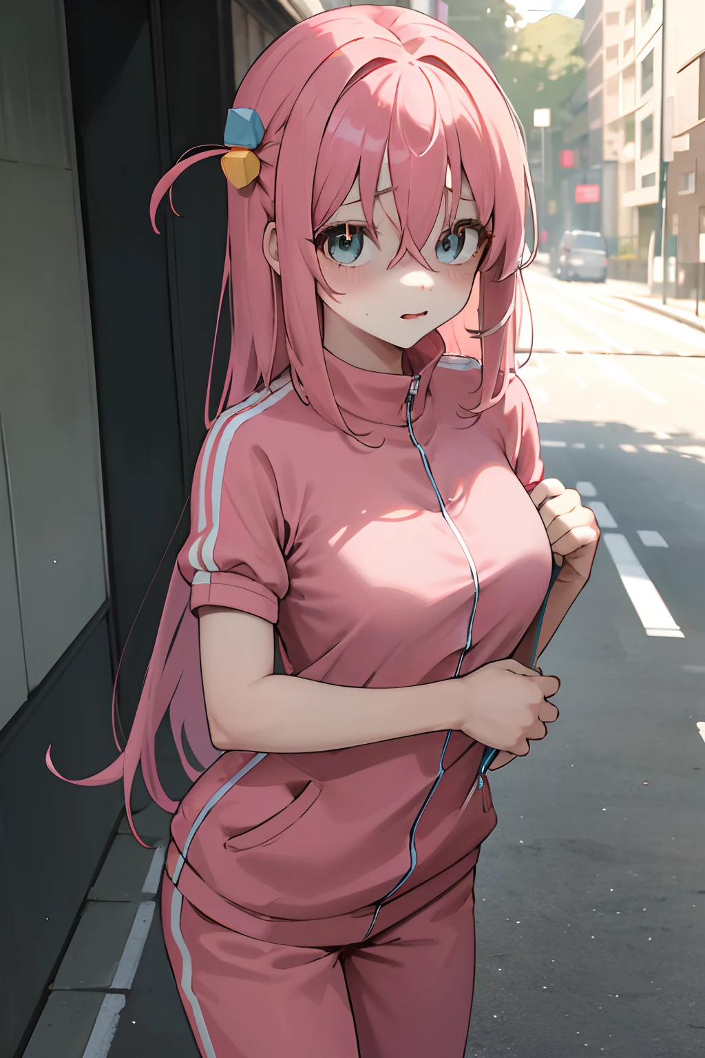 masterpiece, best quality, highres, gotou1, gotou hitori, solo, bangs, hair between eyes, short sleeves, unzipped pink tracksuit, bra, big breasts, cowboy shot, standing, shaded face, outdoors, street,