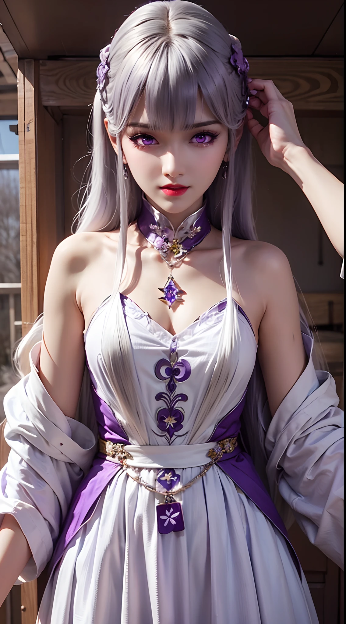 Close-up of a woman in costume on stage, Whole body xylose, Beautiful celestial mage, a stunning young ethereal figure, beautiful fantasy empress, astral witch clothes, shaxi, flowing magical robe, Hanfu Blanco, xianxia fantasy, belle delphine, Ethereal fantasy, elegant glamourous cosplay, heise jinyao，((Top-down view))，((Lie flat))，Lie flat on the ground,Lips wear thick red lipstick