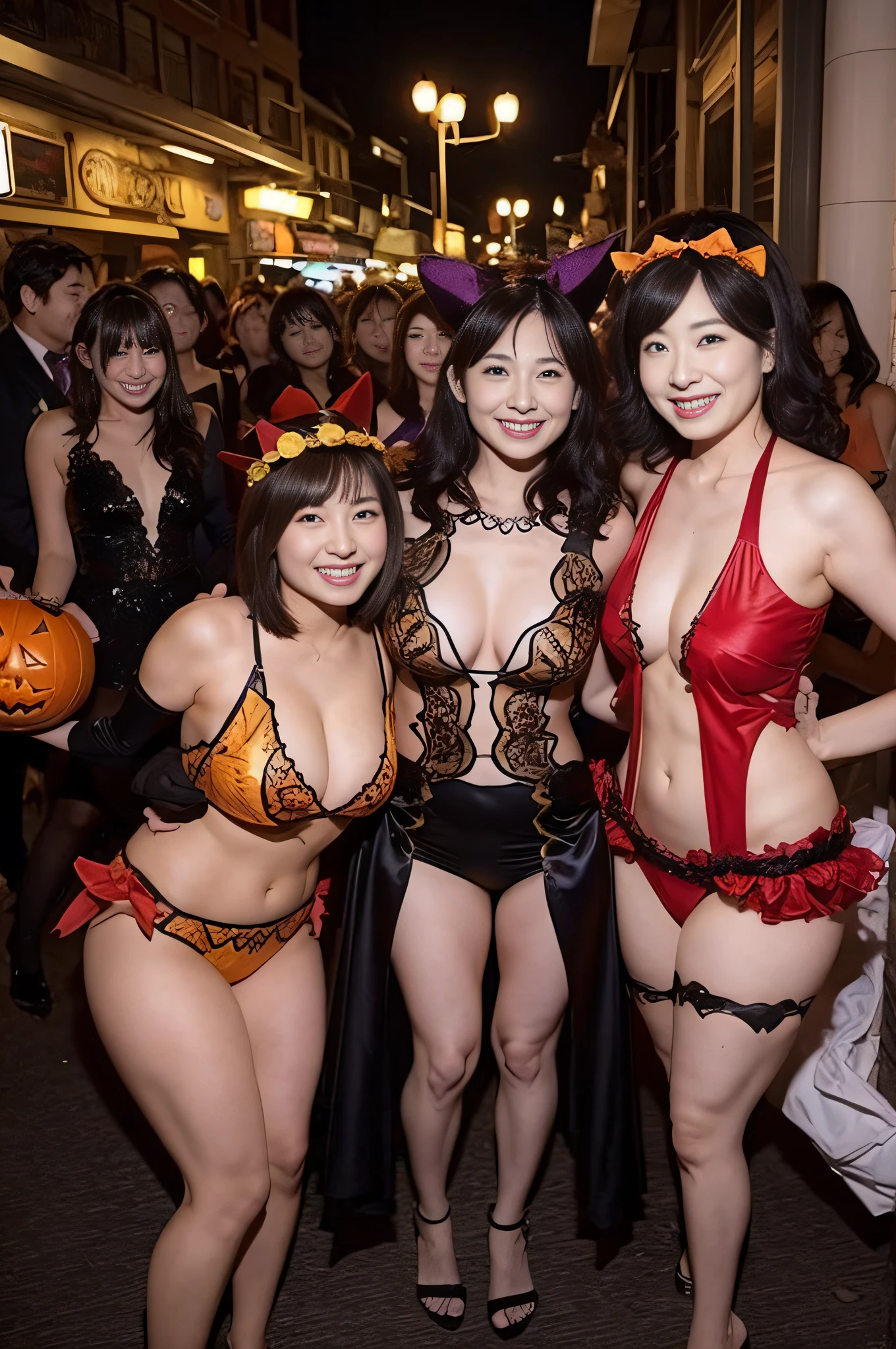 Mature and attractive woman、2 females、Sexy Halloween Costumes、Smiling、large boob、Muchimuchi's body、A smile、Urban area at night、​masterpiece、top-quality