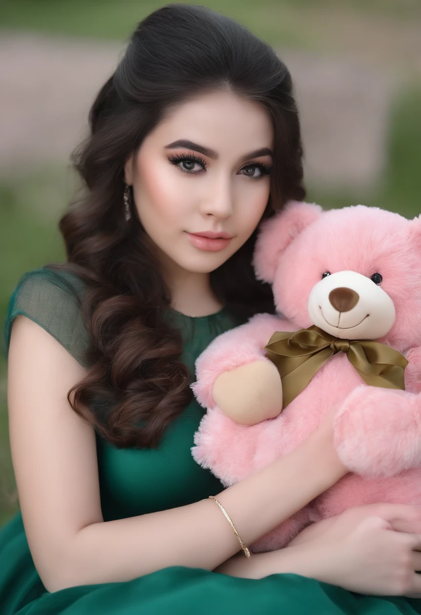 uma jovem de 18 anos, rosto delicado, Pele rosa, olhos verdes, peito grande, muito, sheer pink dress holding a teddy bear, seated with open pen shown for camera, na lama, black latex leggings, shiny leggings