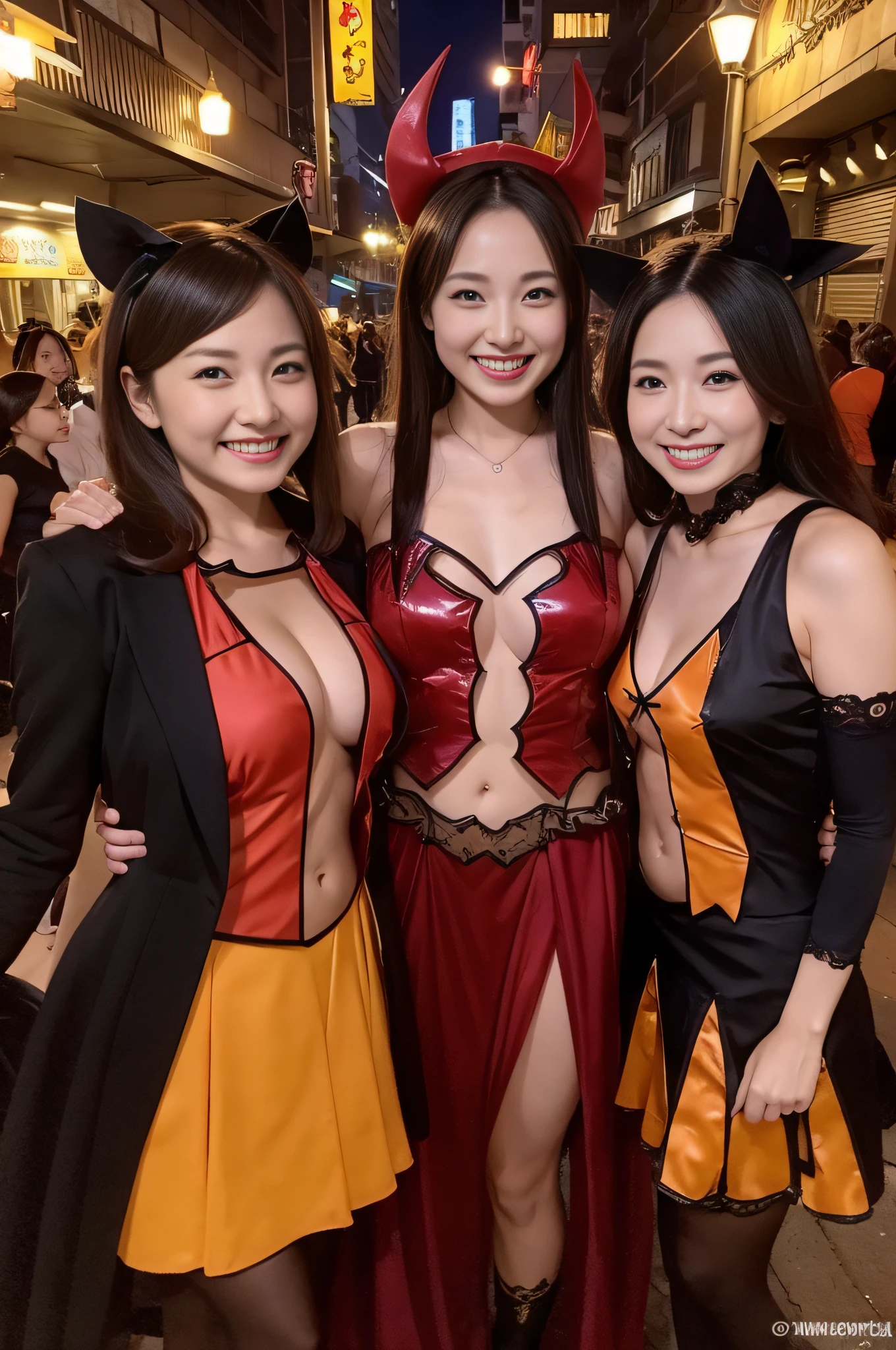 Mature and attractive woman、2 females、Sexy Halloween Costumes、Smiling、large boob、Muchimuchi's body、A smile、Urban area at night、​masterpiece、top-quality