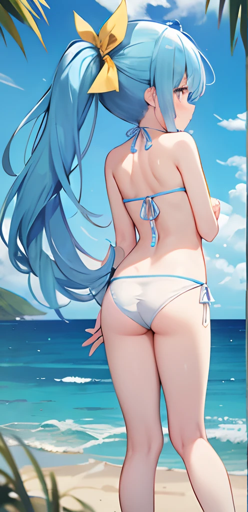 Blue Side Tail、Yellow Ribbon、scapular、White simple bikini swimsuit、posterior view、Blue Sky Background、long thin neck、夏天、Very skinny