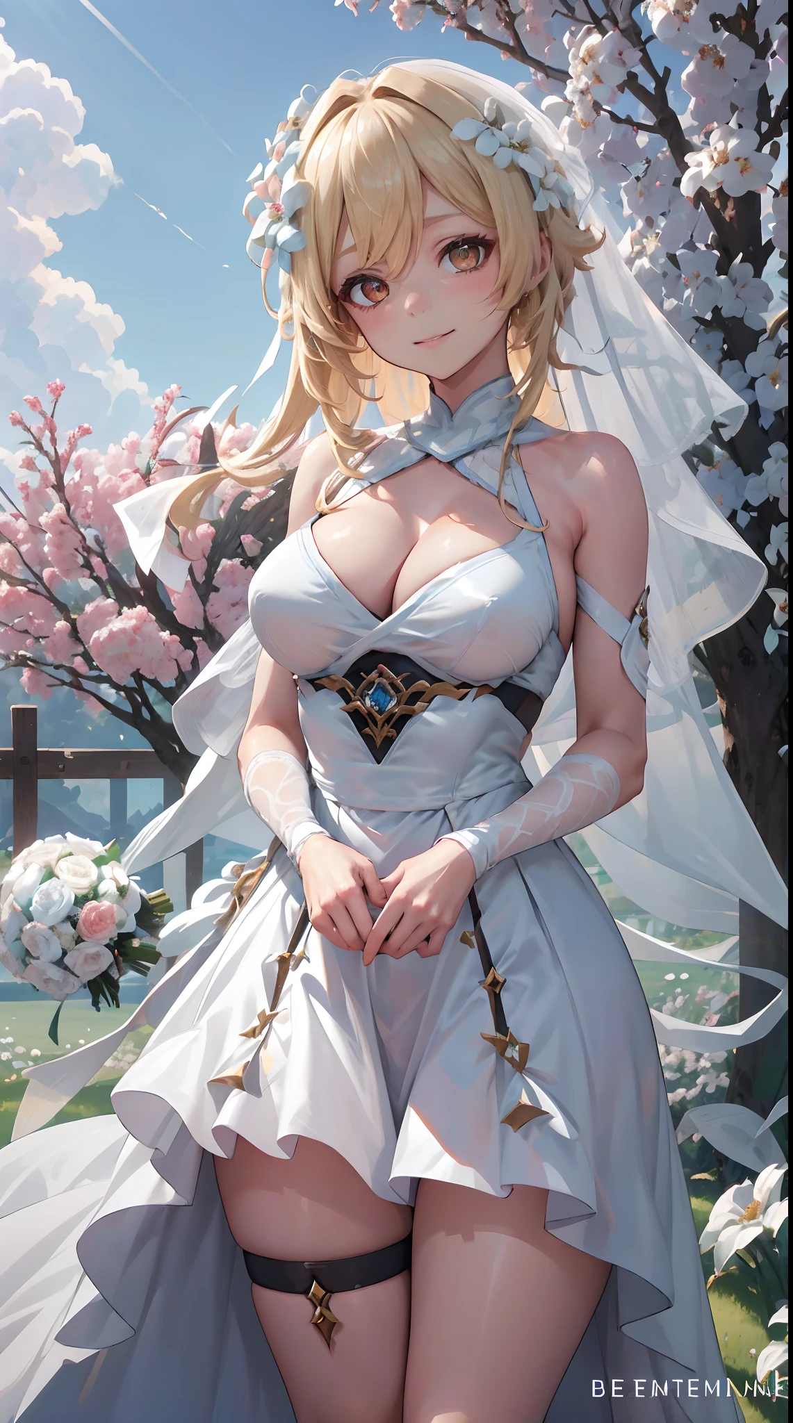 Lumine | genshin impact, master-piece, bestquality, 1girls,25 years old, proportional body, proportional., Wedding Dresses, White Wedding Dress, Long skirt, wedding, mediuml breasts, ,bara, Standing in the middle of a flower garden, outdoor, wedding, The sky is beautiful, Both hands hold a bouquet of flowers........................., View viewers from the front., Thigh strap, Head tilt, bored, 10, 10, HD, slight smile,
