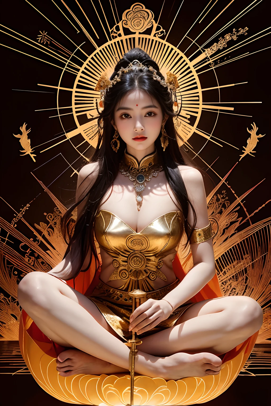 ancient chinese goddess, guanyin of the southern seas, guanyin, Inspired by India, Avalokiteşvara rides in Phoenix，,serene expressions,shui mo hua,Buddha,budista,lotuses,chinese painting style,Thangka style