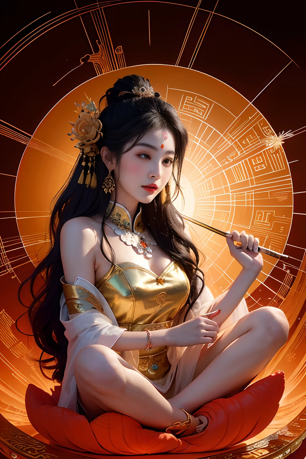 ancient chinese goddess, guanyin of the southern seas, guanyin, Inspired by India, Avalokiteşvara rides in Phoenix,,serene expressions,shui mo hua,Buddha,budista,lotuses,chinese painting style,Thangka style