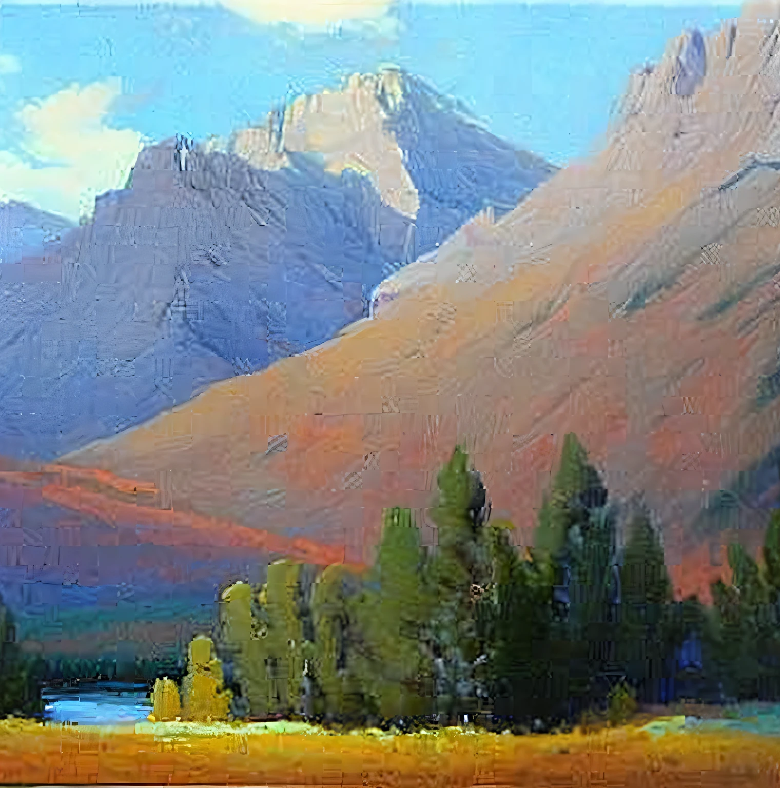 Mountains painted with rivers and several trees, author:Richard Seidron, author:Michael James Smith, mountain scene, High hills, author:Jerry Weiss, author:Michael Suterfin, Clyde Aspevig, author:Charles Mahoney, in a valley, moutains, vale, glen orbik, Landscape art, author:Peter Fiore, author:John S. J. Parker