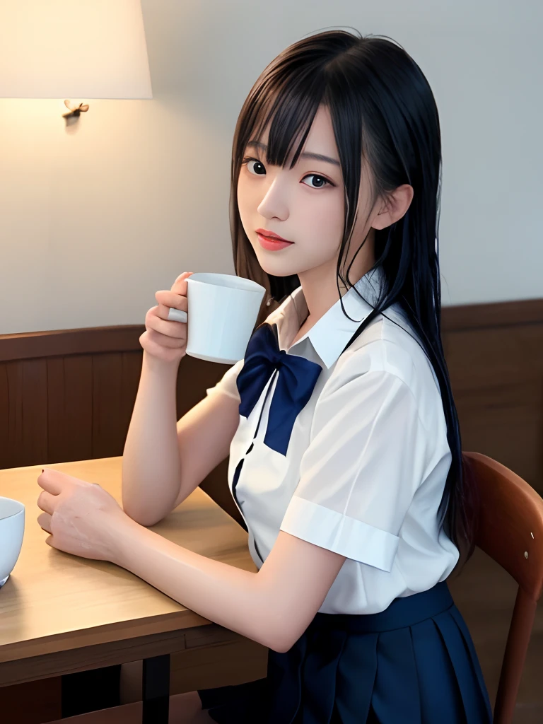 Product quality, 1 girl per 1 photo, Cowboy Shot, Front view, a Japanese young pretty girl, 15yo student、Teen、long, At night, Have dinner in your hotel bedroom, Wearing a white short-sleeved shirt with a wet collar、The white shirt is wet、hand holding cup of coffee、Dark blue bow tie、Wearing a wet navy blue pleated skirt, Sitting on a chair, Meat and vegetables on the table, hyper cute face, Glossy lips, Natural makeup, wet long-haired, asymmetrical bangs, wetted skin, central image, 8K resolution, high detailing, detailed hairstyle, Detailed face, Cinematic lighting, Octane Rendering, Hyper realistic, Perfect limbs, Perfect Anatomy