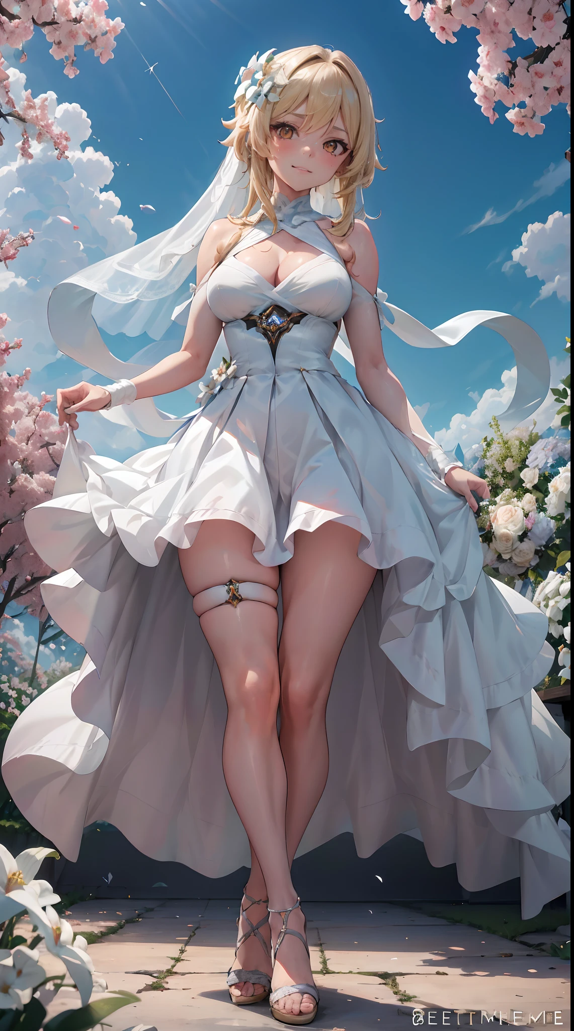 Lumine | genshin impact, master-piece, bestquality, 1girls,25 years old, proportional body, proportional., Wedding Dresses, White Wedding Dress, Long skirt, wedding, mediuml breasts, ,bara, Standing in the middle of a flower garden, outdoor, wedding, The sky is beautiful, Both hands hold a bouquet of flowers........................., View viewers from the front., Thigh strap, Head tilt, bored, 10, 10, HD, slight smile,
