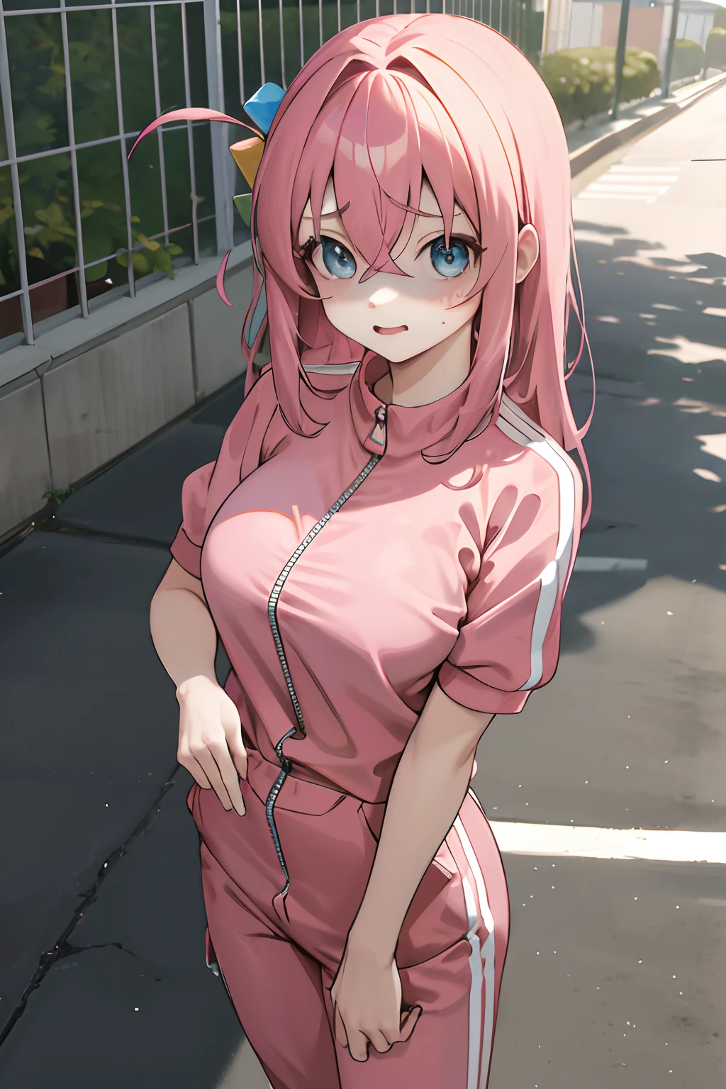 masterpiece, best quality, highres, gotou1, gotou hitori, solo, bangs, hair between eyes, short sleeves, unzipped pink tracksuit, ((bra)), big breasts, cowboy shot, standing, shaded face, outdoors, street, (((unzziped)))